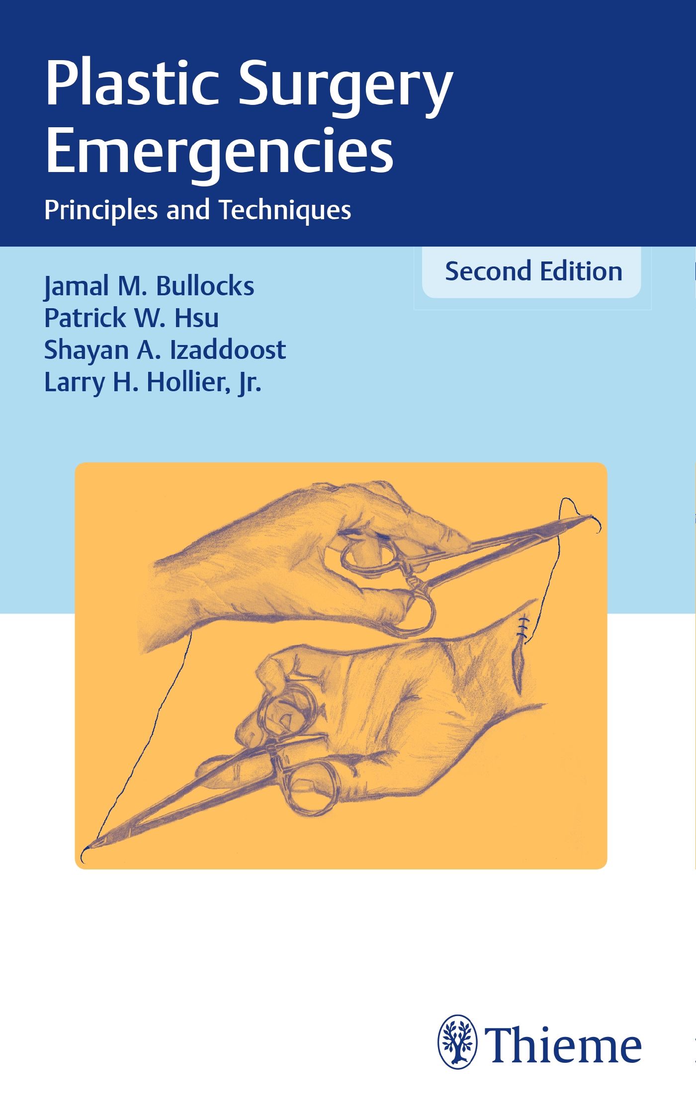 Buchcover: "Plastic Surgery Emergencies". Titel, Autoren, Illustration von Händen mit chirurgischen Instrumenten. Thieme-Logo.