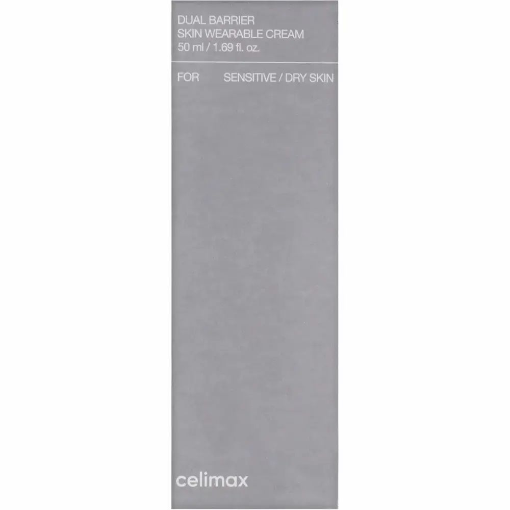 Graue Verpackung mit weißer Schrift. Aufschrift: Dual Barrier Skin Wearable Cream. Für empfindliche/trockene Haut. celimax.