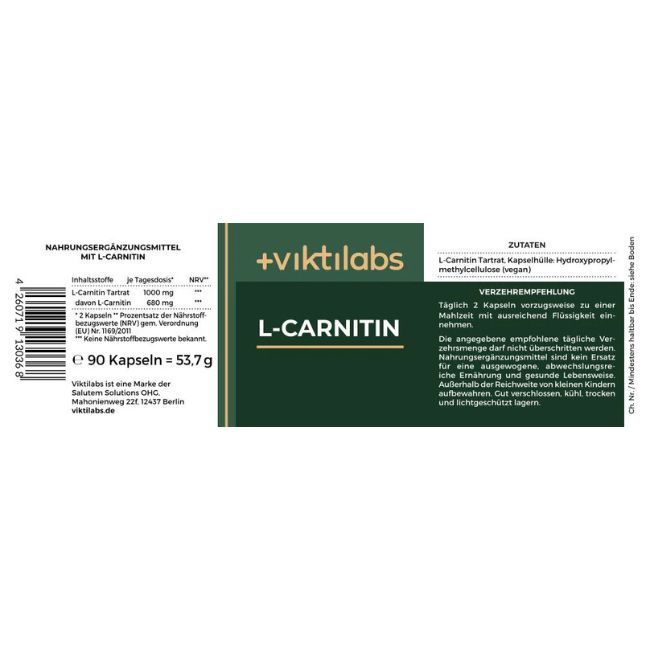 Etikett mit grünen Feldern und weißer Schrift. Text: L-Carnitin, Zutaten, Verzehrempfehlung. 90 Kapseln.