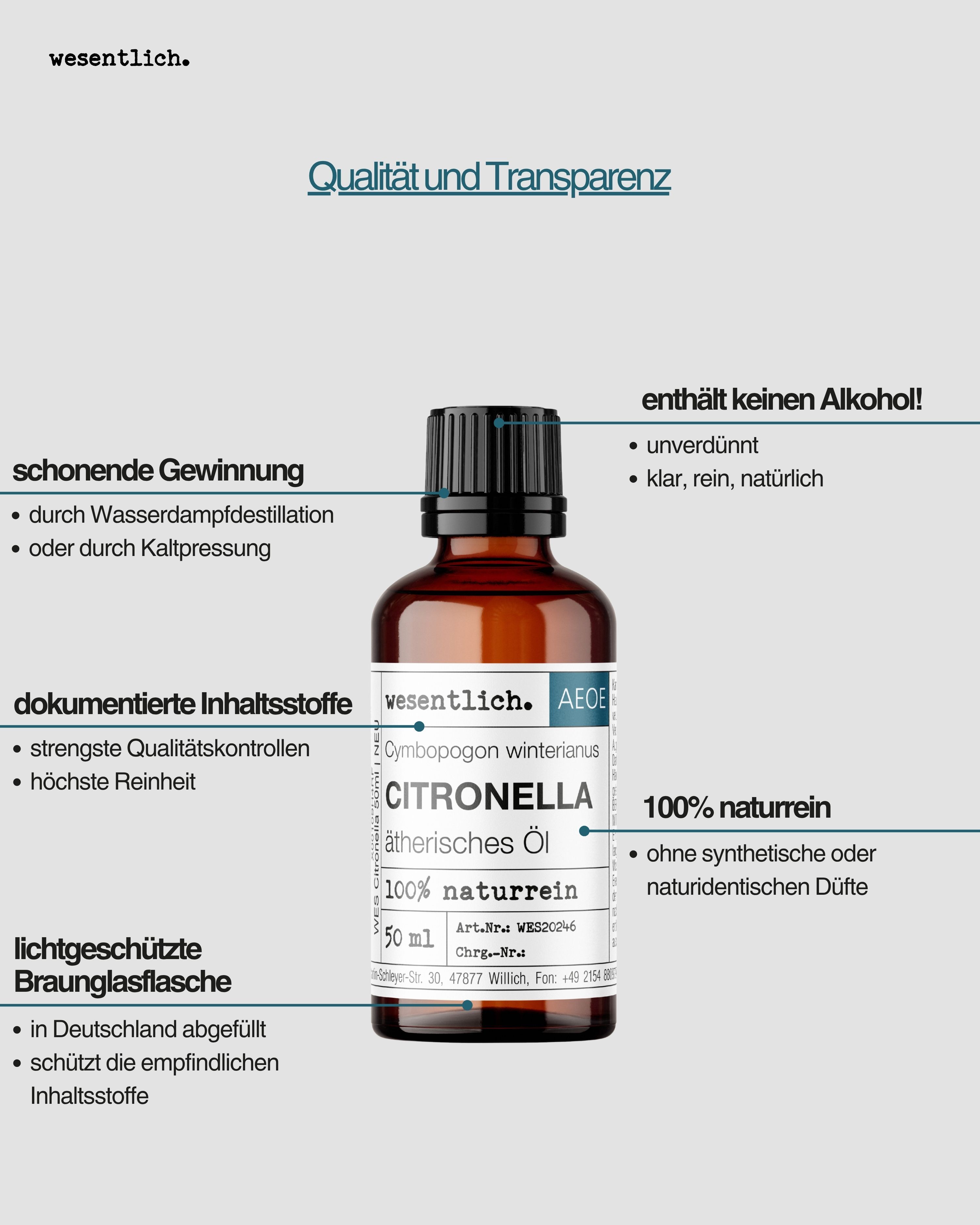Flasche Citronella Öl mit Erklärungen zu schonender Gewinnung, Inhaltsstoffen und Braunglasflasche.