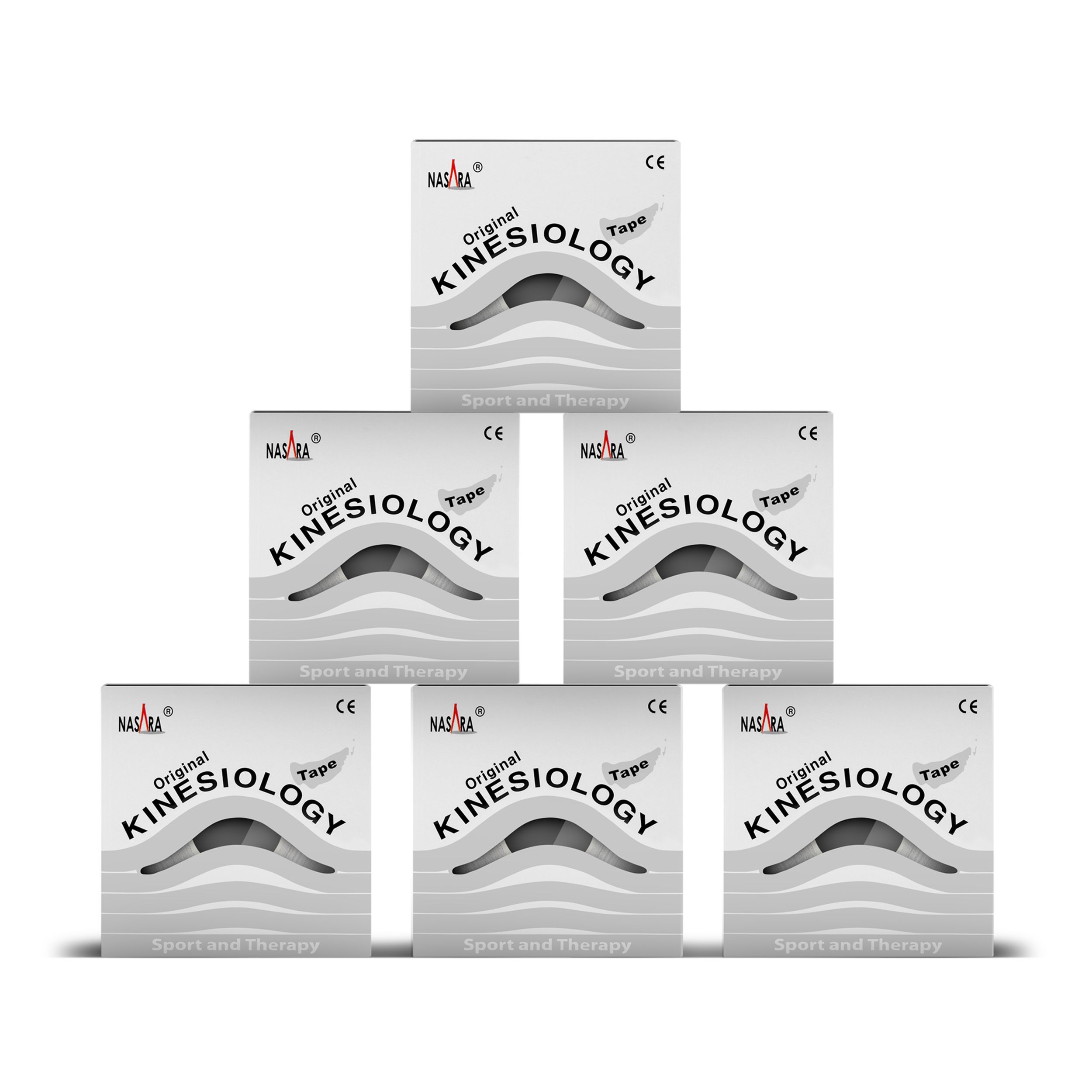 Sechs Boxen Kinesiologie Tape. Aufschrift: NASARA, Original Kinesiology Tape. CE-Zeichen.