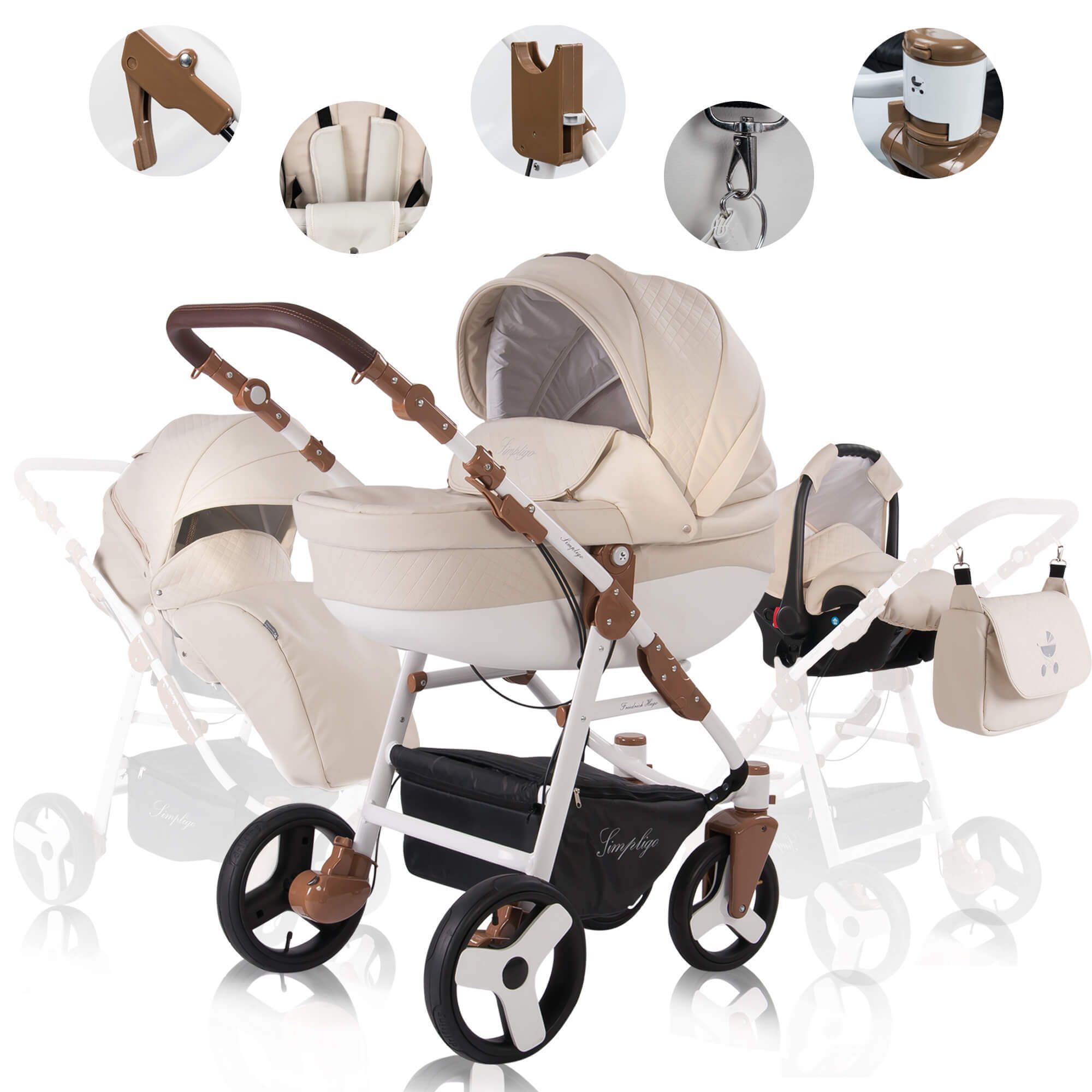 Kinderwagen mit Maxi Cosi, Sandfarbenes Kunstleder, braune Griffe. Enthält Tragetasche, Babyschale, Tasche. Marke Simpligo.