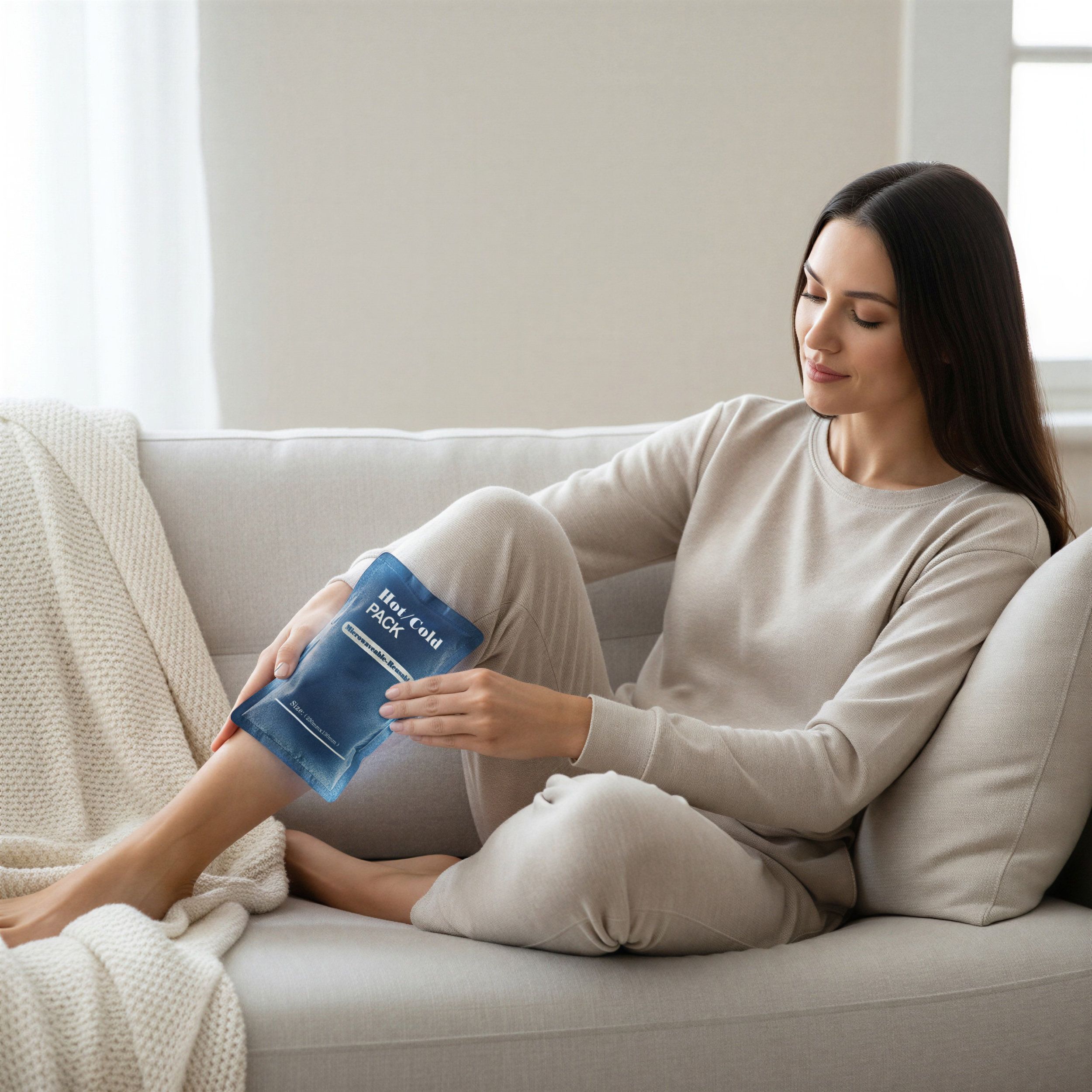 Frau sitzt auf Sofa, hält blaues Hot/Cold Pack am Bein. Text "Hot/Cold Pack". Hintergrund: Sofa, Decke.