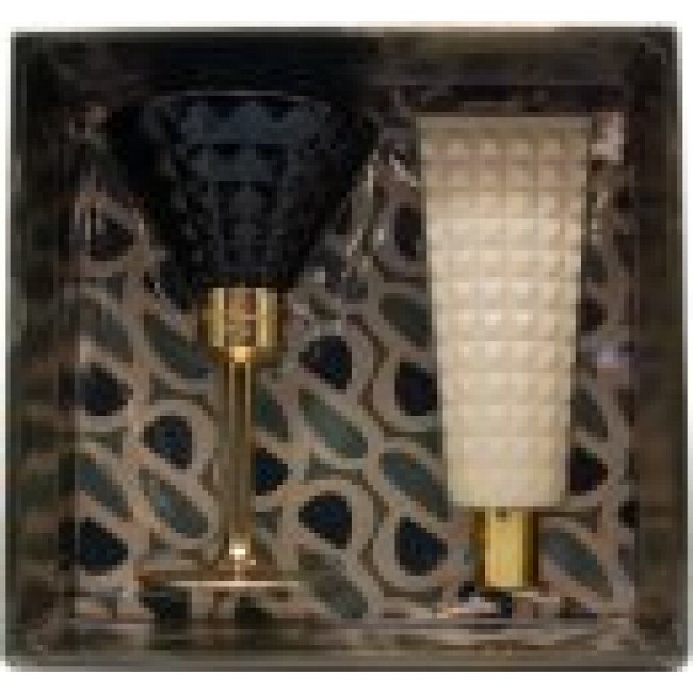 Set mit Glas und Tube in Box. Glas mit schwarzer, strukturierter Oberfläche. Tube mit weißer, strukturierter Oberfläche.