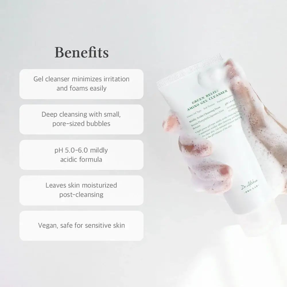 Text mit Vorteilen des Gels: Minimiert Irritationen, schäumt leicht, reinigt tief, pH 5.0-6.0, macht die Haut feucht, vegan.