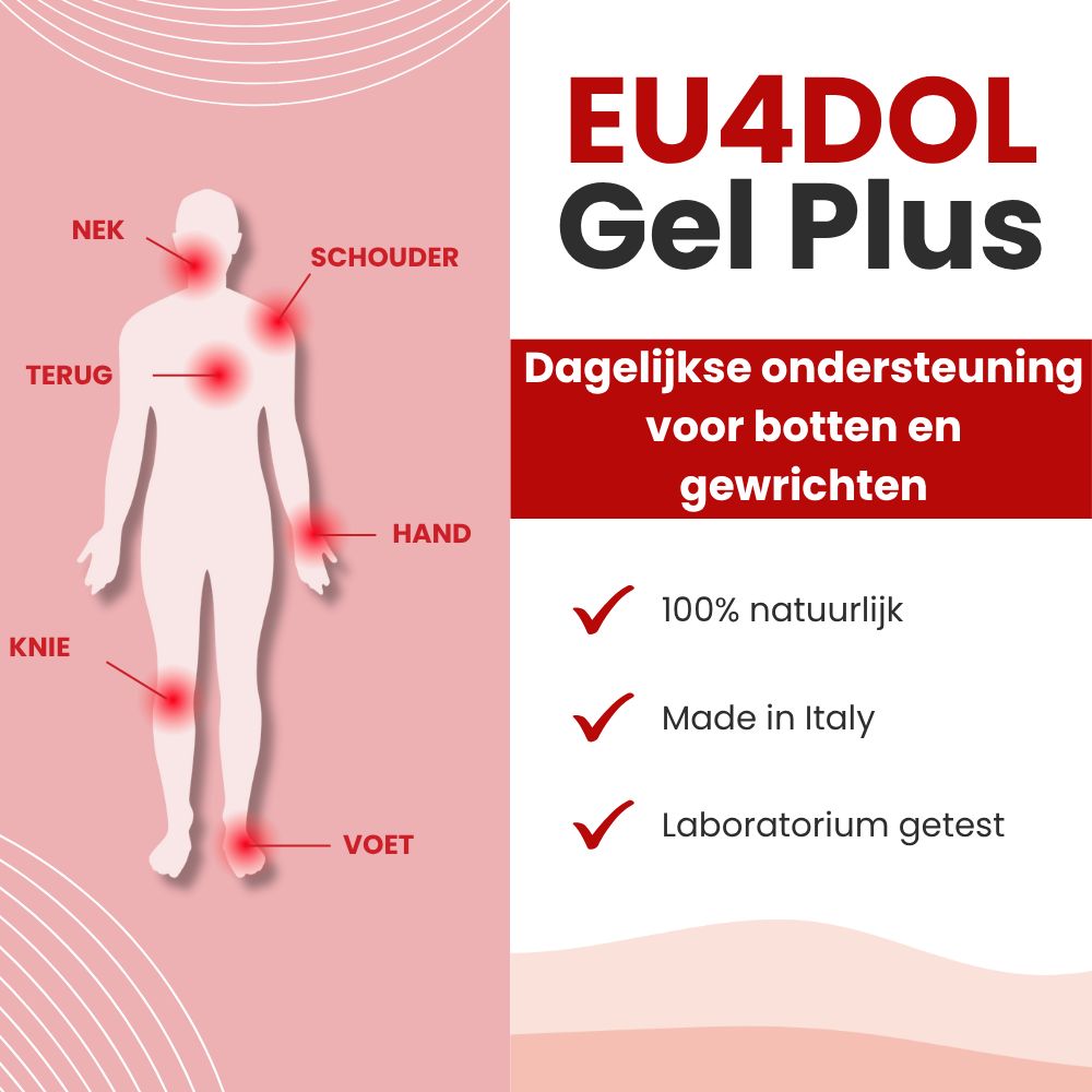 Afbeelding met lichaamsdelen. Tekst: EU4DOL Gel Plus. Gebieden: nek, schouder, pols, knie, rug, voet.
