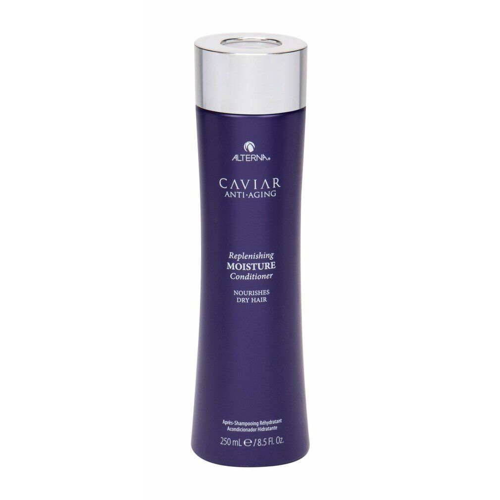 Violette Flasche mit silbernem Deckel und weißer Schrift. Enthält Caviar Anti-Aging Replenishing Moisture Conditioner. Alterna-Logo.