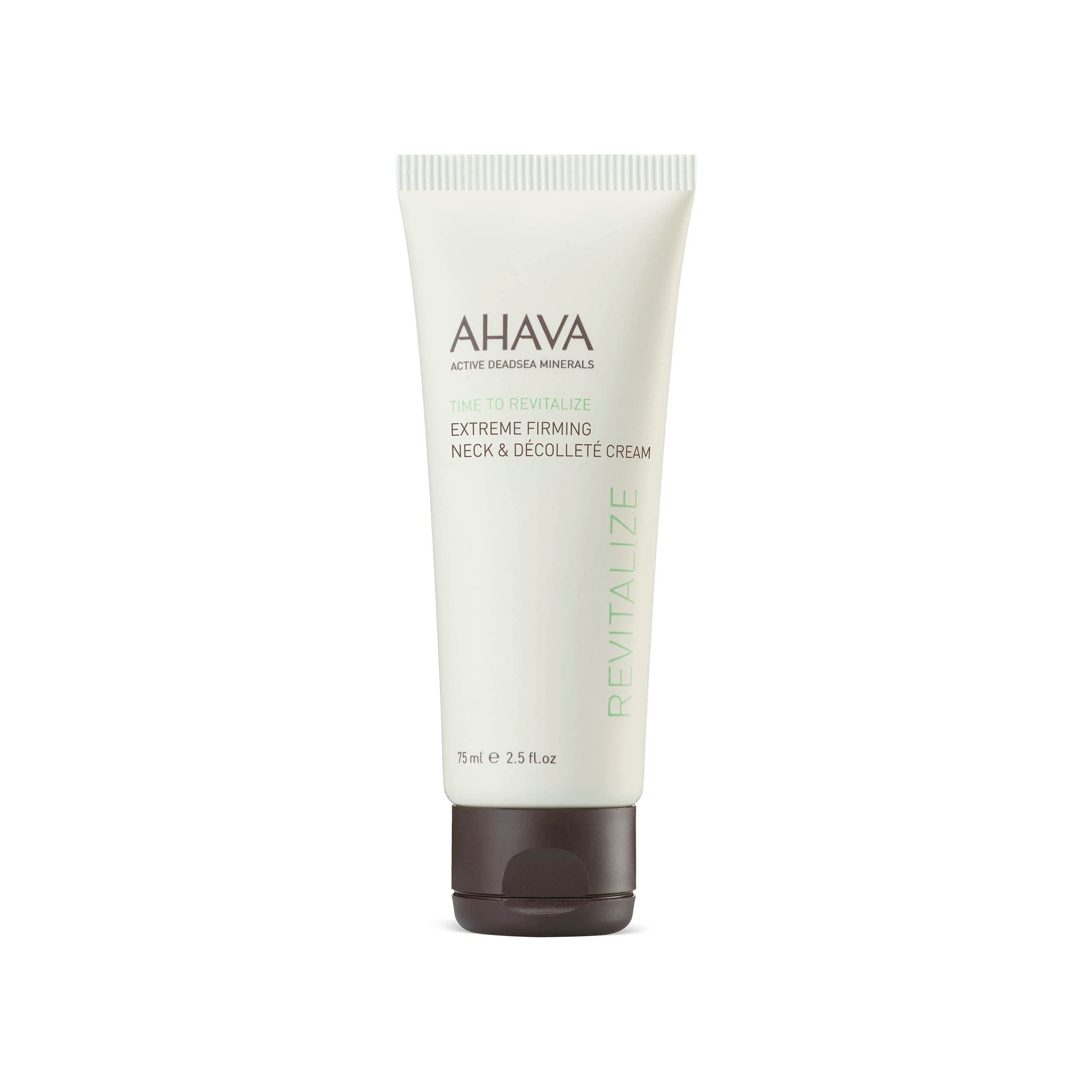 Creme-Tube mit Produktnamen und -bezeichnung. Weißer Tube mit braunem Deckel. Text: AHAVA, Time To Revitalize, Extreme Firming Neck & Décolleté Cream.