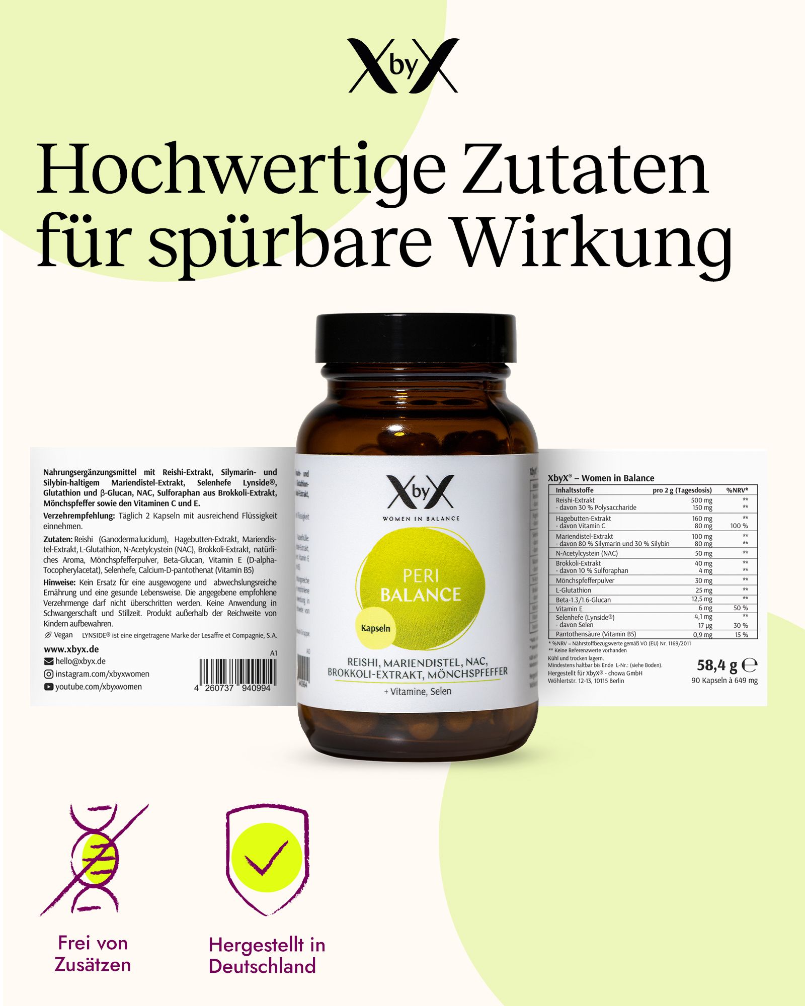 XbyX Peri Balance Flasche mit Nährwertangaben und Siegeln "Frei von Zusätzen", "Hergestellt in Deutschland".