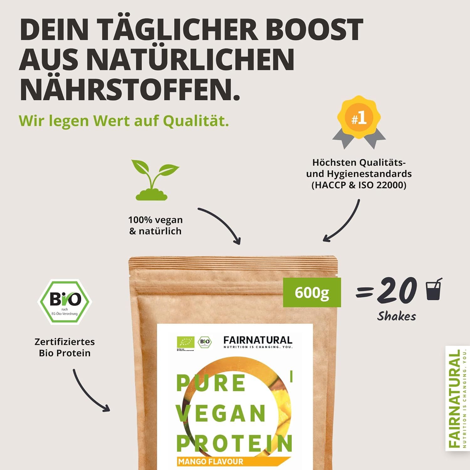 Beutel FAIRNATURAL Bio Vegan Protein-Pulver, Mango-Geschmack. Text: Dein täglicher Boost aus natürlichen Nährstoffen. Zertifiziertes Bio Protein.