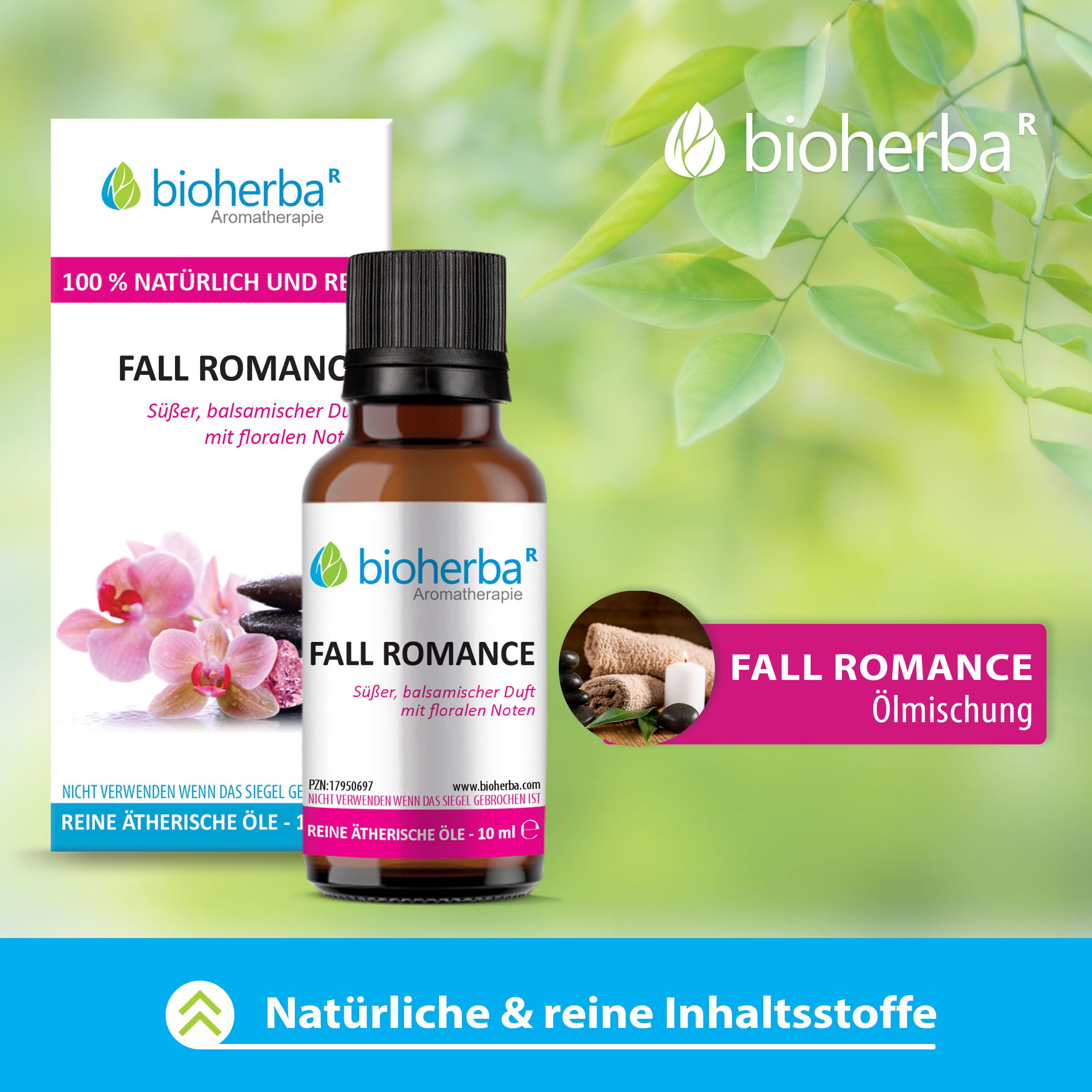 Braune Glasflasche mit schwarzem Deckel und Etikett. Daneben eine Schachtel mit Produktinformationen. Aufschrift: Fall Romance, ätherisches Öl.
