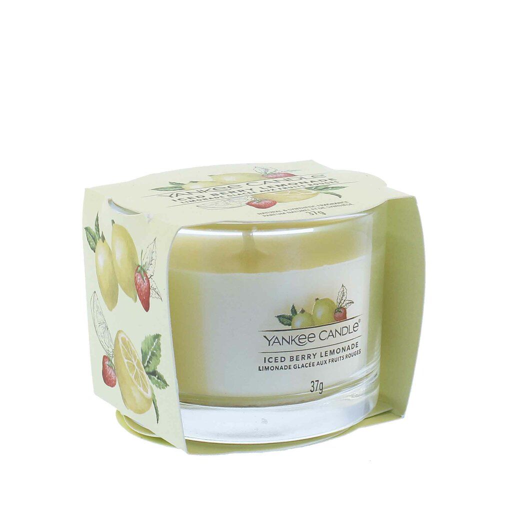 Kerzenglas mit Aufdruck: Yankee Candle, Iced Berry Lemonade, 37g. Gelbes Wachs, Docht. Verpackung mit Zitronen- und Erdbeermotiven.