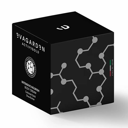 Schwarzer, quadratischer Karton. Aufschrift: Eva Garden Active Gold Intensive Nourish Body Cream. Mit grafischem Muster und Made in Italy.