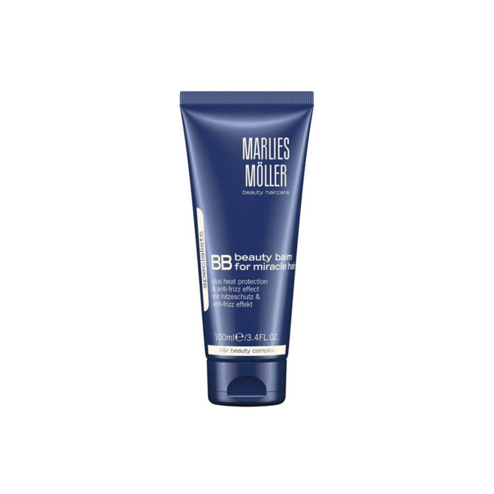 Dunkelblaue Tube mit weißer Schrift. Aufschrift: Marlies Möller, BB beauty balm for miracle hair. Enthält Hitzeschutz & Anti-Frizz.