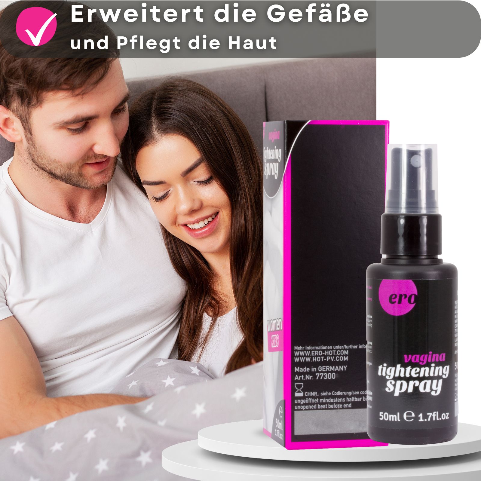 Produkt und Verpackung. Schwarze Flasche und rosa und weiße Schachtel. Paar im Hintergrund.