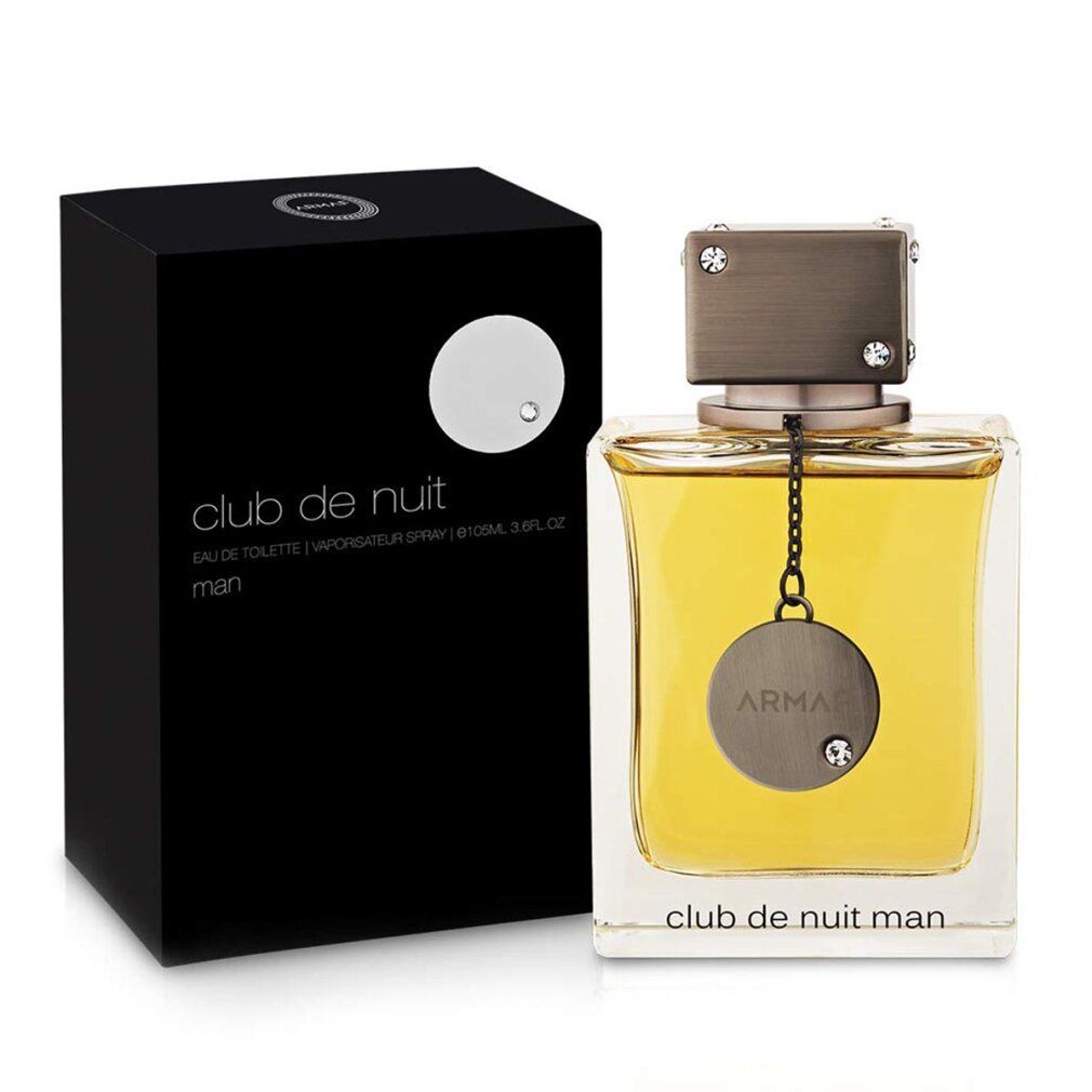 Club de Nuit Man Flakon und Verpackung. Rechteckiger Flakon mit silbernem Verschluss. Schwarze Verpackung mit weißem Kreis.