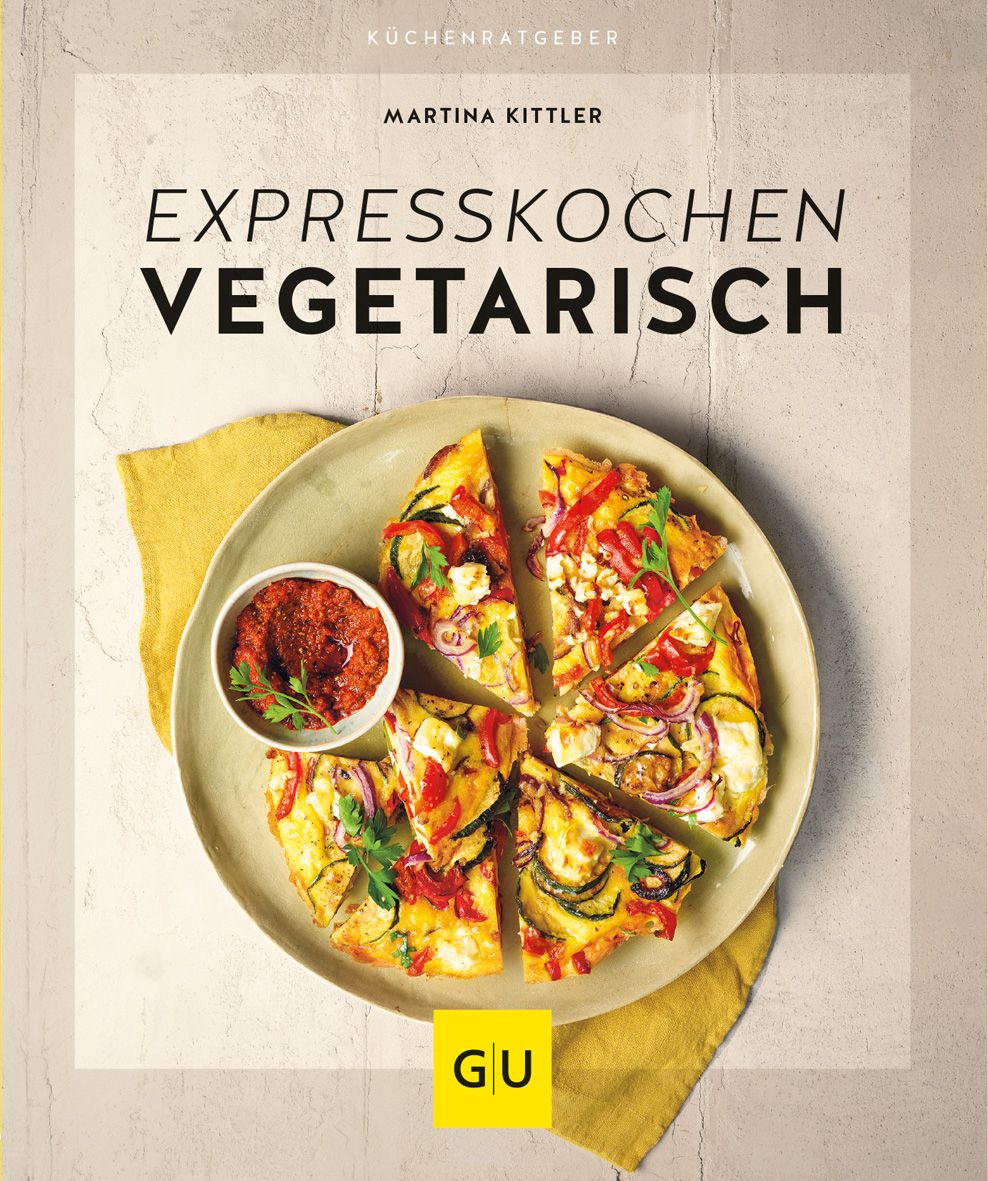 Kochbuch "Expresskochen vegetarisch" mit Essen auf einem Teller. Titel und Autor sichtbar. GU-Logo unten.