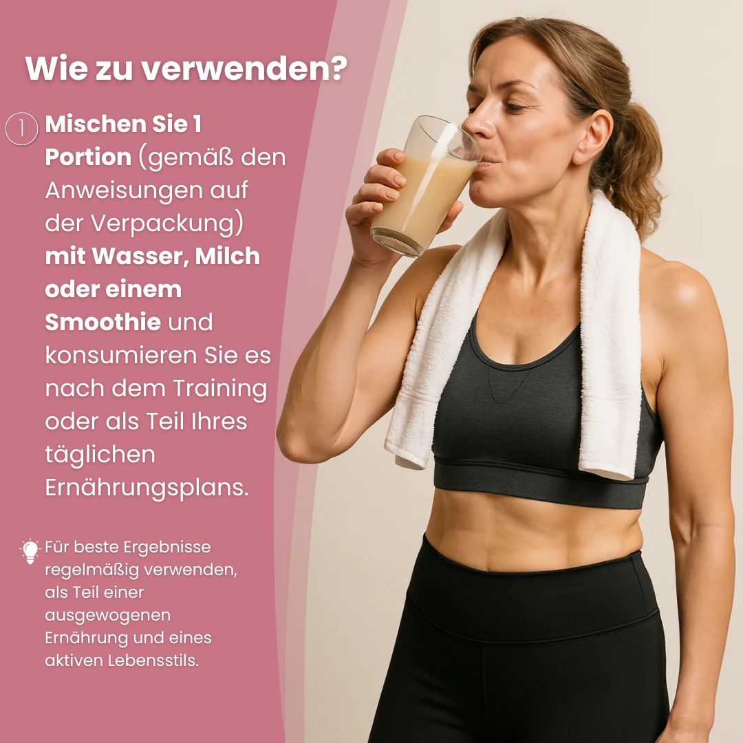 Frau trinkt Getränk aus einem Glas. Text: Wie zu verwenden? Mischen Sie 1 Portion mit Wasser, Milch oder Smoothie. Handtuch um den Hals.