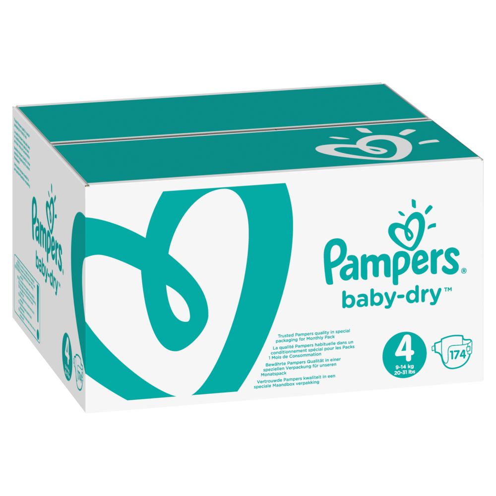 Pampers Baby Dry MonatsBox Gr.4 Maxi. Weiße Box mit türkisem Logo und Schriftzug. Enthält 174 Windeln für 9-14 kg.