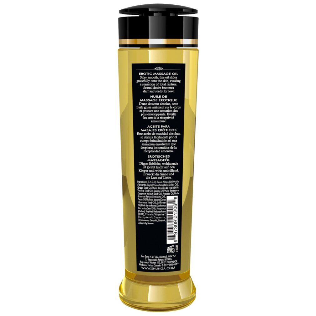 Rückseite einer zylindrischen Flasche Massageöl. Text in mehreren Sprachen. Schwarzer Deckel. Goldfarbener Boden.