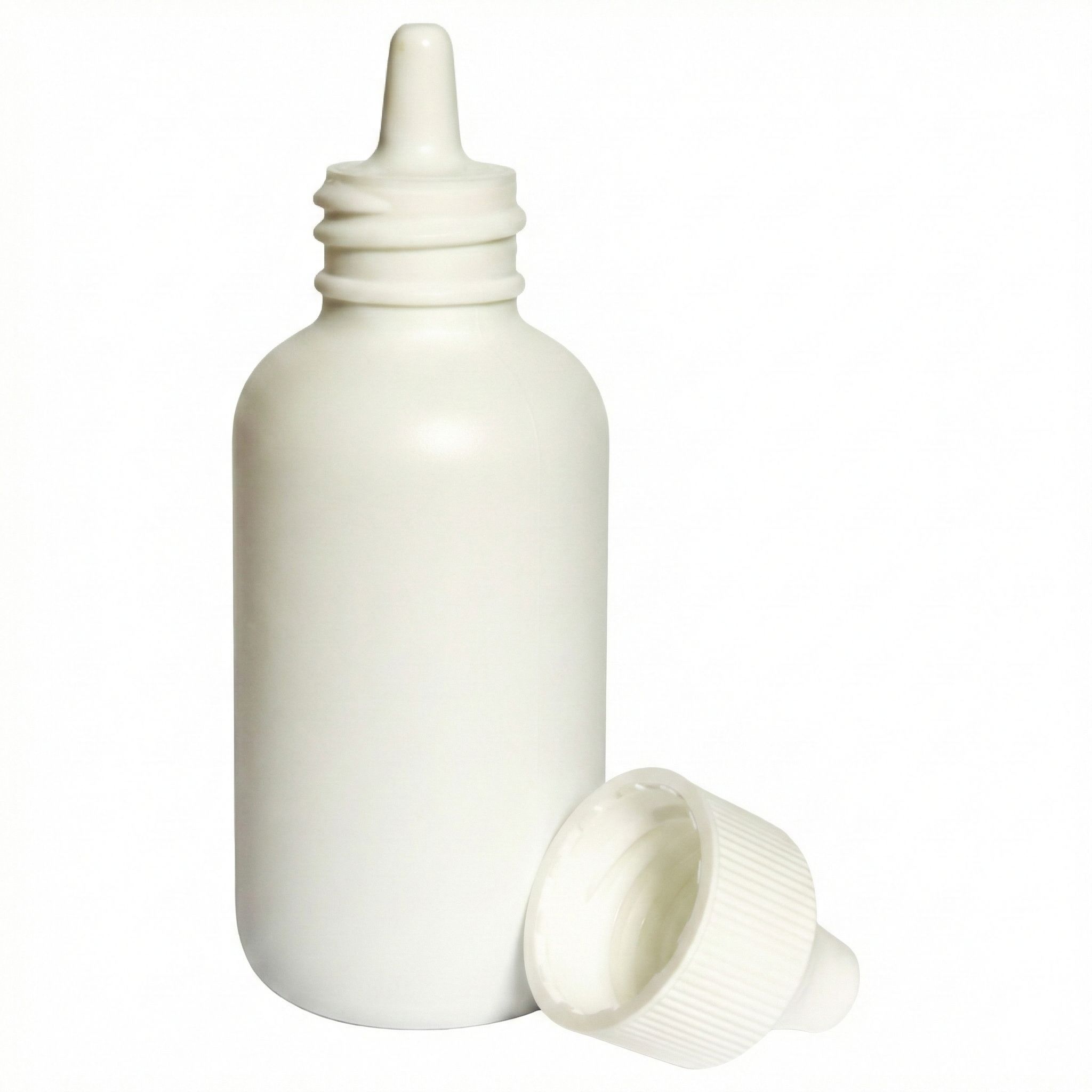 Weiße Flasche mit Tropfaufsatz und separatem Deckel. Der Deckel ist geöffnet.