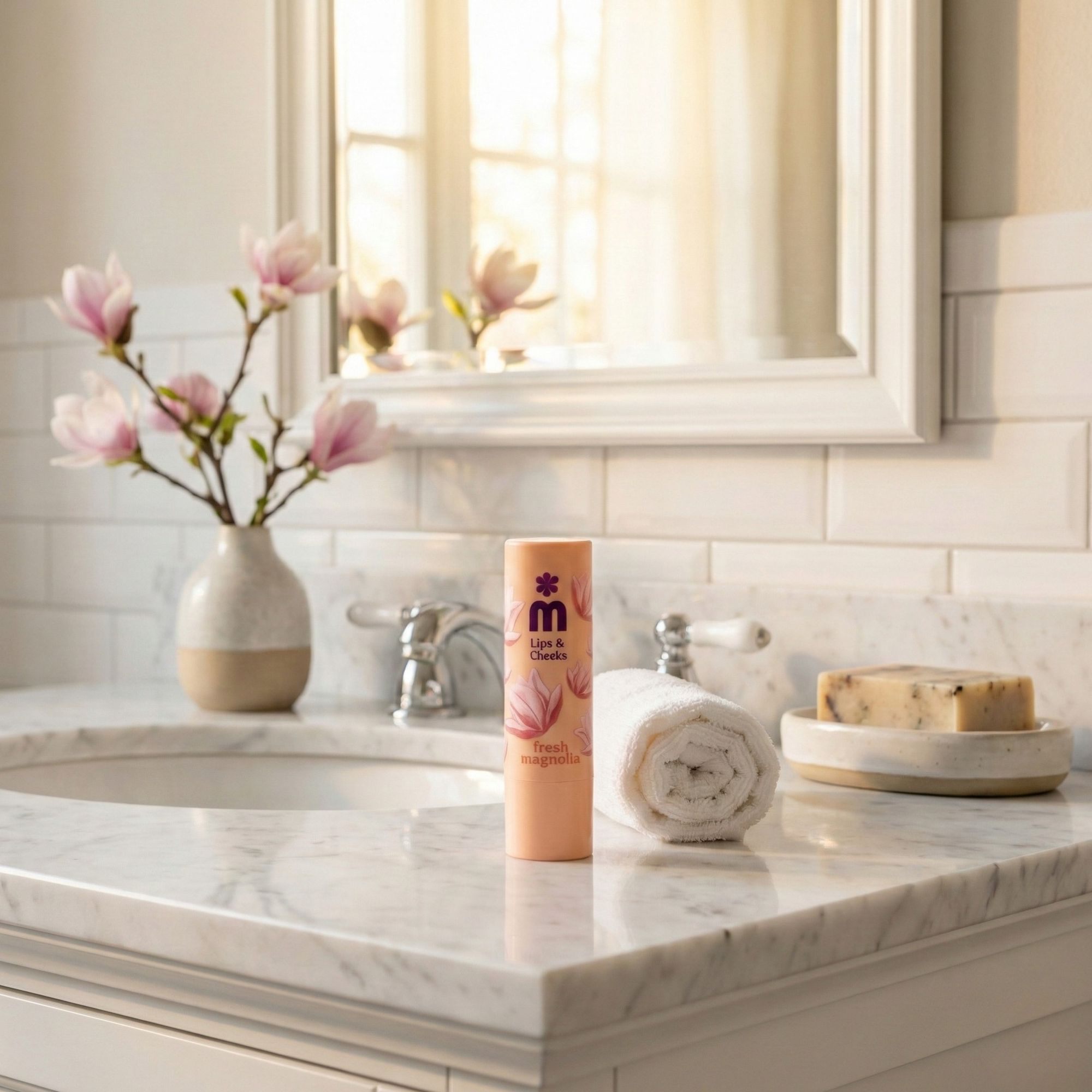 Lippen- und Wangenbalsam auf Marmoroberfläche. Beige Verpackung mit Logo und Magnolia-Motiv. Neben Handtuch und Seife.