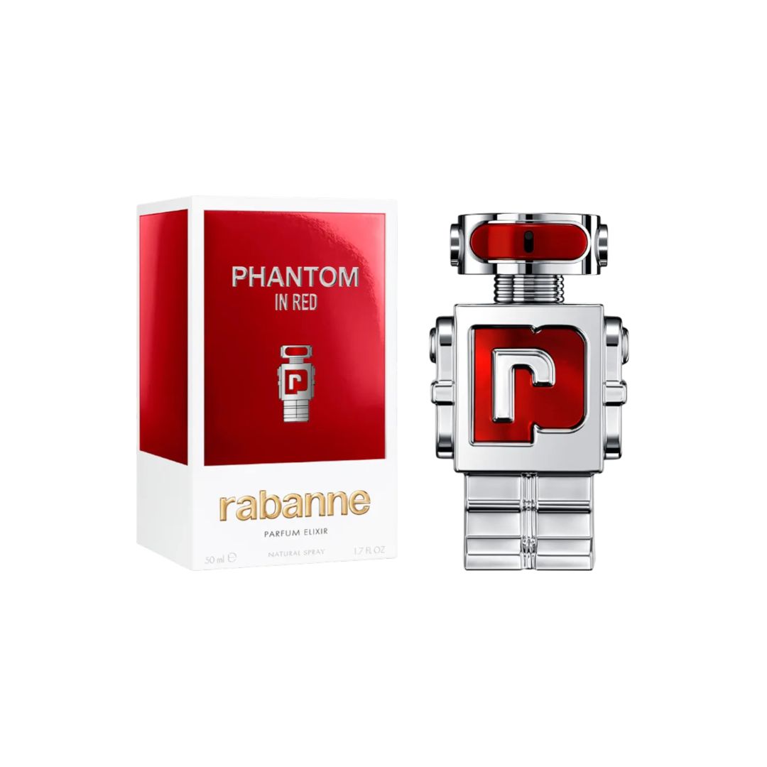 Produkt und Verpackung. Silberner Roboterflakon neben roter Schachtel mit Produktnamen und Logo. Marke: rabanne.