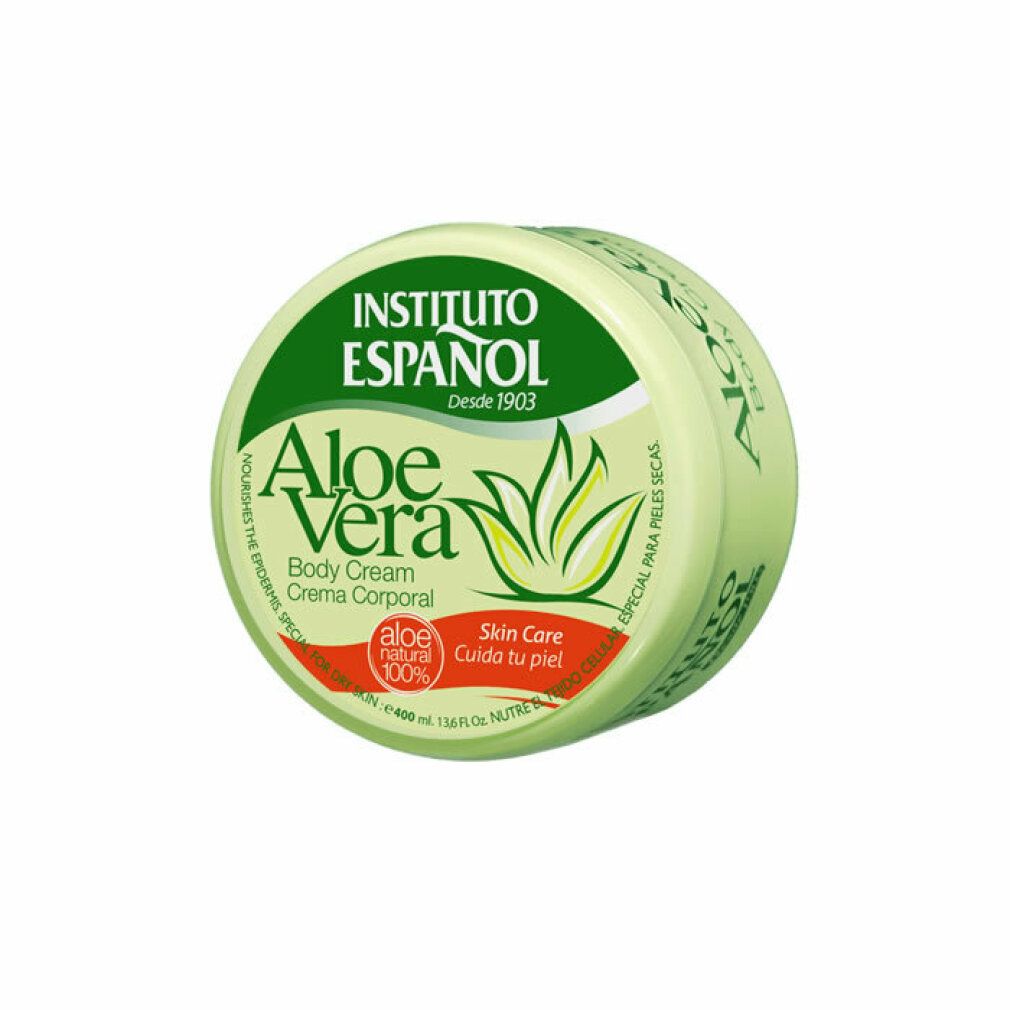Runder Behälter mit grünem Deckel. Aufschrift: Aloe Vera, Instituto Espanol, Aloe natural 100%. Für trockene Haut.