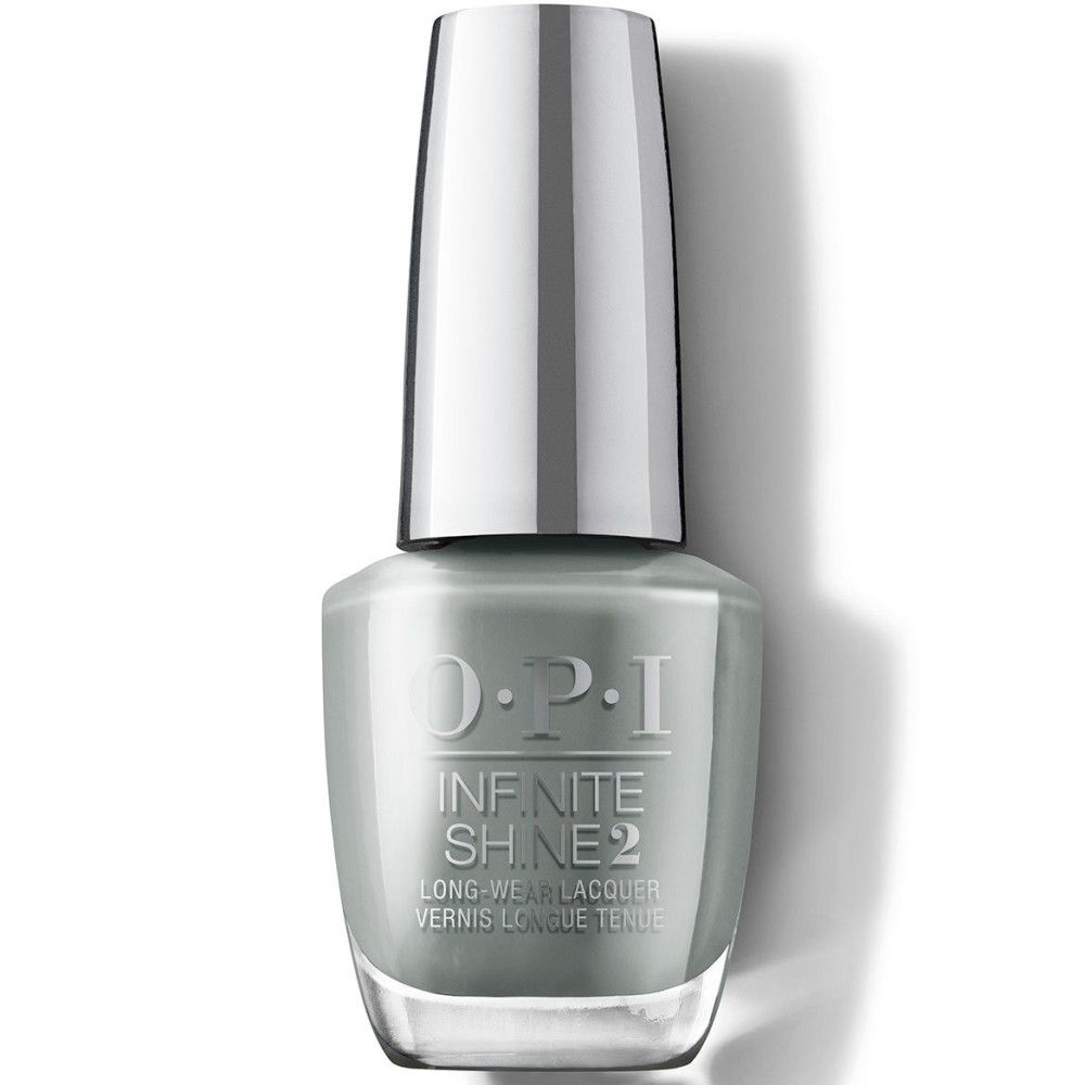 Nagellackflasche mit silbernem Deckel. Aufschrift: O.P.I Infinite Shine 2. Farbe: Grau-Grün. Lang anhaltender Nagellack.