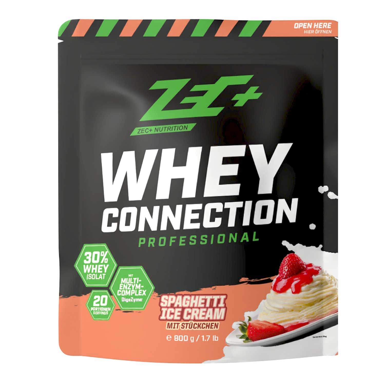 Beutel ZEC+ Whey Connection Professional. Aufdruck: Spaghetti-Eis, 30% Whey Isolat, 20 Portionen. Abbildung von Eis.