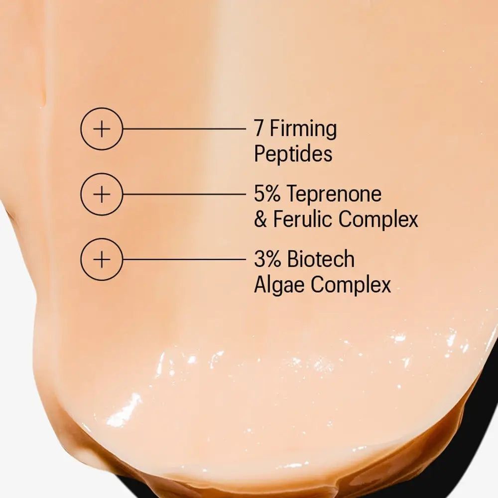 Creme mit aufgedruckten Inhaltsstoffen: 7 straffende Peptide, 5% Teprenone & Ferulasäure.