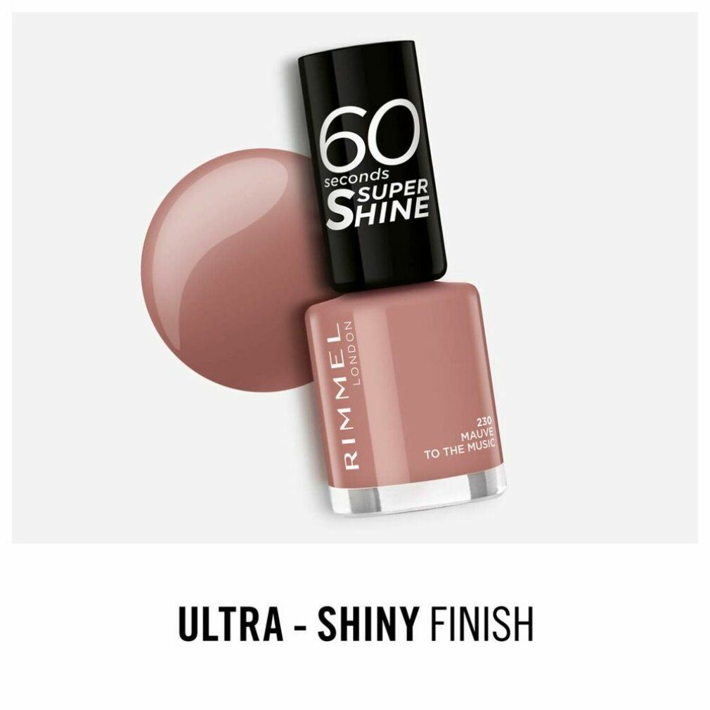 Nagellackflasche mit schwarzem Deckel und Farbklecks. Aufschrift: 60 Seconds Super Shine. Farbe: Mauve. Marke: Rimmel London.