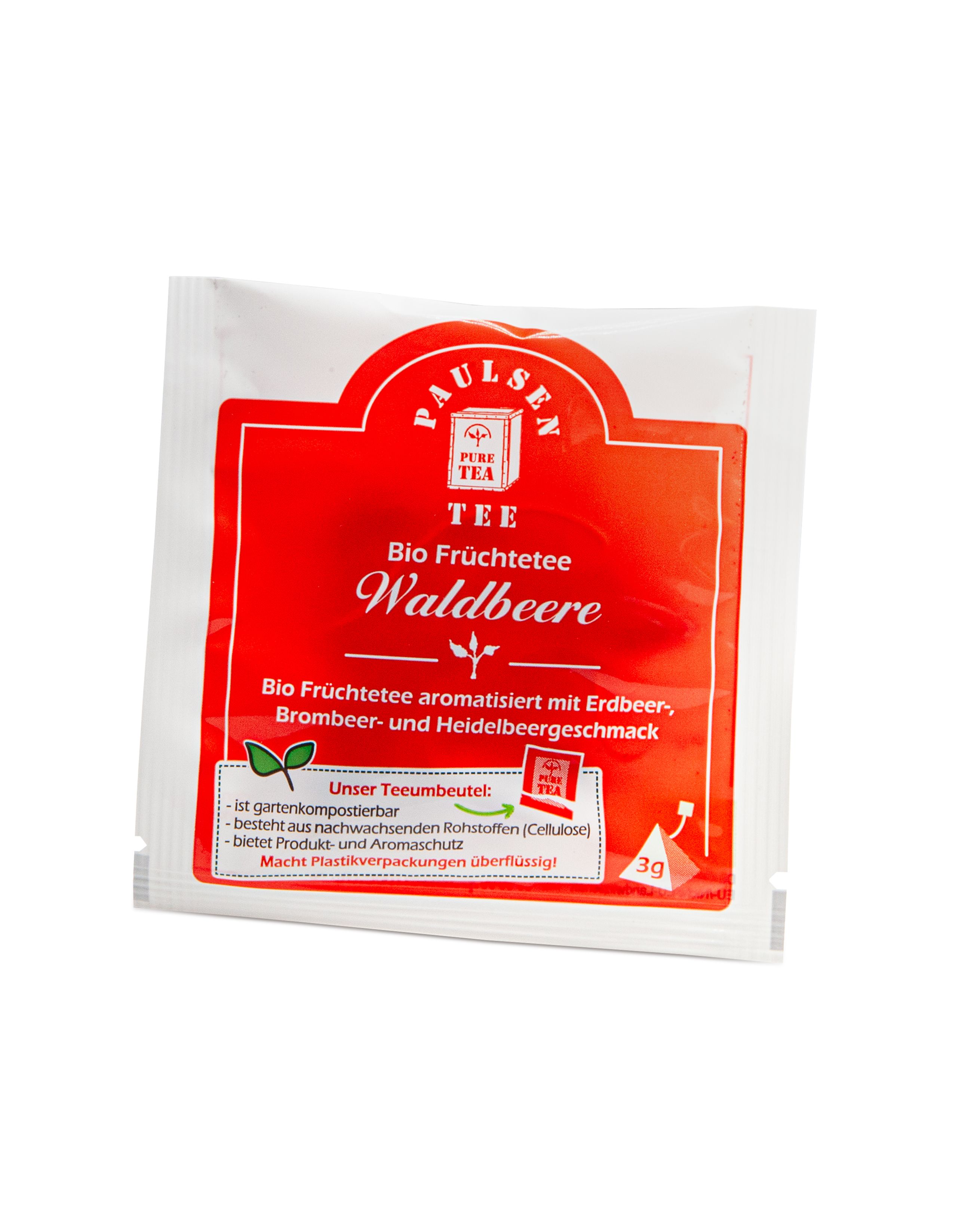 Einzelverpackung eines Teebeutels. Rotes Etikett mit Aufschrift: Bio Früchtetee Waldbeere. Paulsen Tee Logo. 3g.