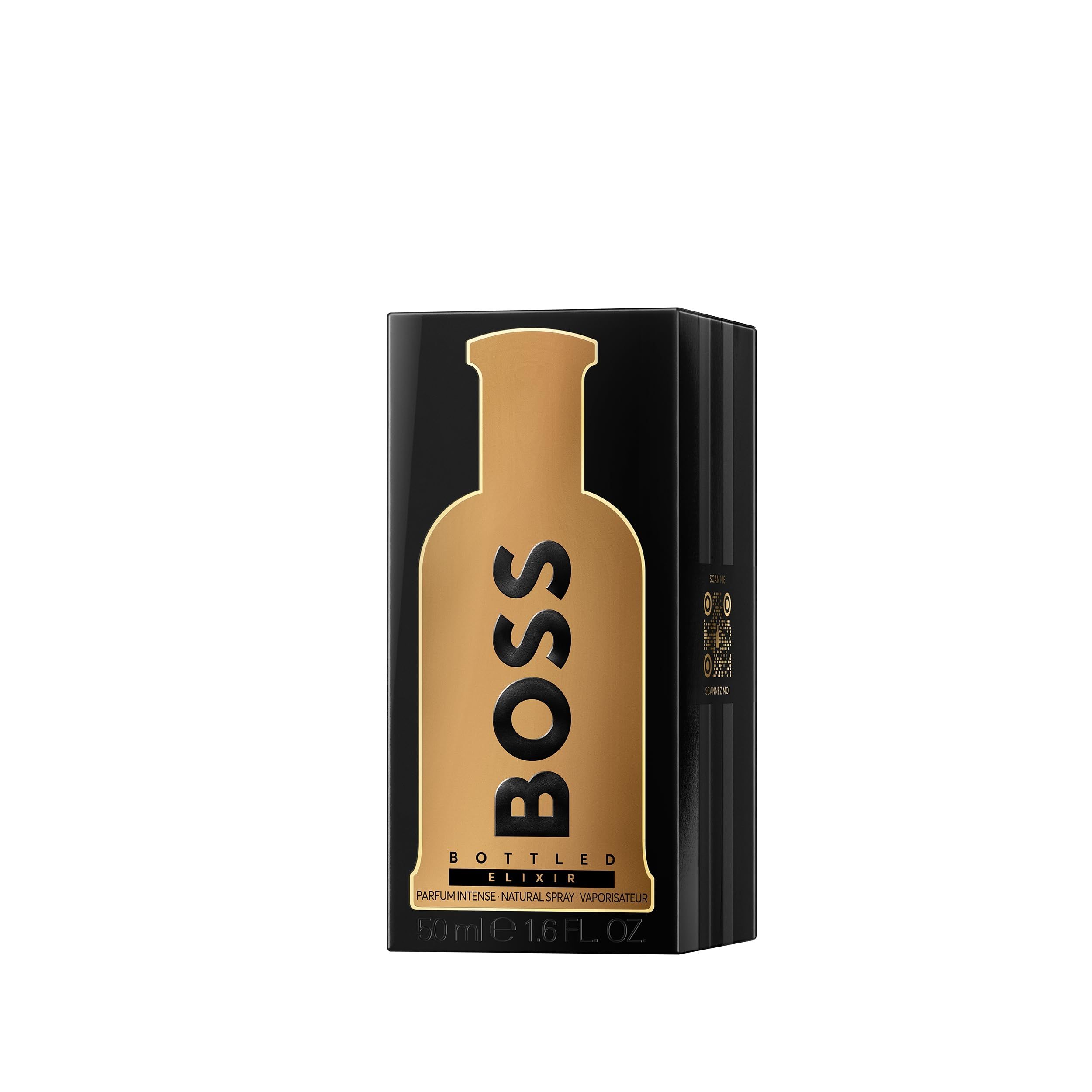 Schwarze Verpackung mit goldenem Flaschenmotiv, "BOSS BOTTLED ELIXIR" und 50ml Angabe.