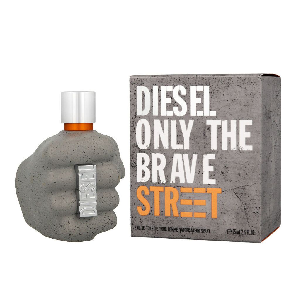 Graue Faust-Parfümflasche und Schachtel. Auf der Schachtel steht "DIESEL ONLY THE BRAVE STREET".