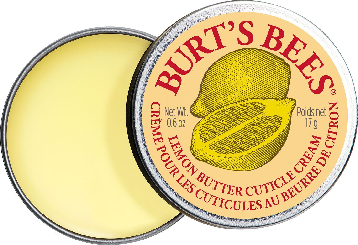 Geöffnete Dose. Aufschrift: Burt's Bees Lemon Butter Cuticle Cream. Abbildung: Zitrone. Gelbe Creme sichtbar.