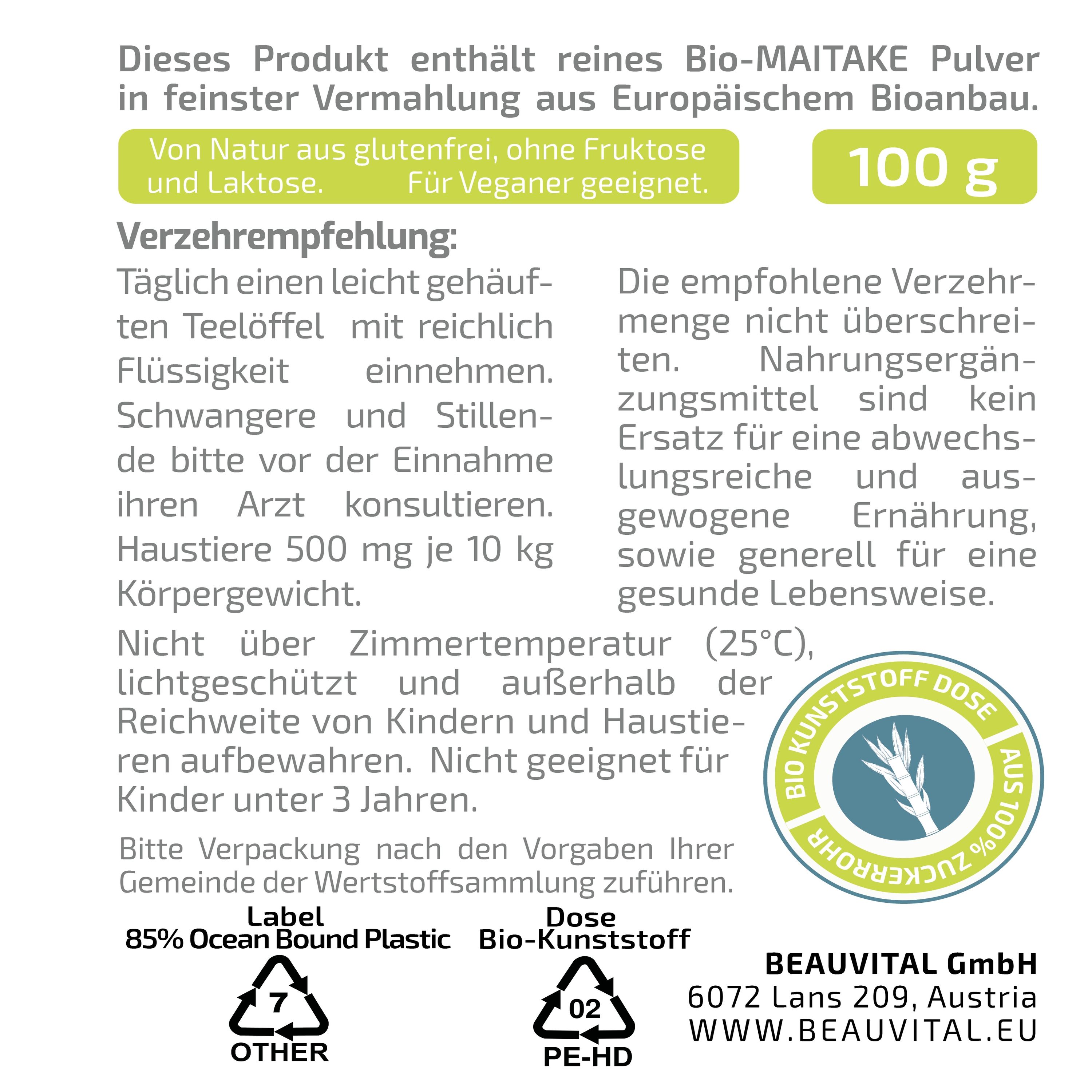BEAUVITAL® Pure Bio Maitake Pulver, Klapperschwamm (Grifola frondosa) aus EU-Anbau