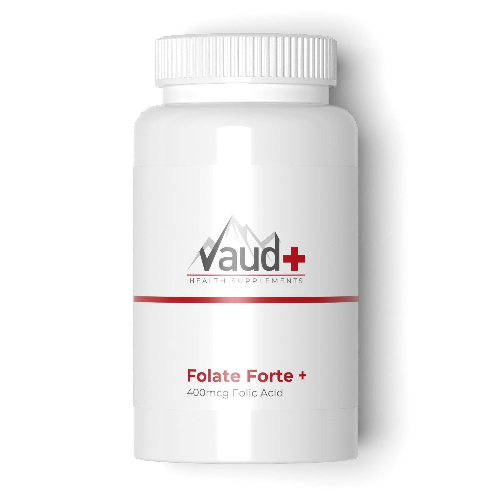 Weiße Flasche mit roter und schwarzer Beschriftung. Enthält "Vaud+" Logo und "Folate Forte + 400mcg Folsäure".