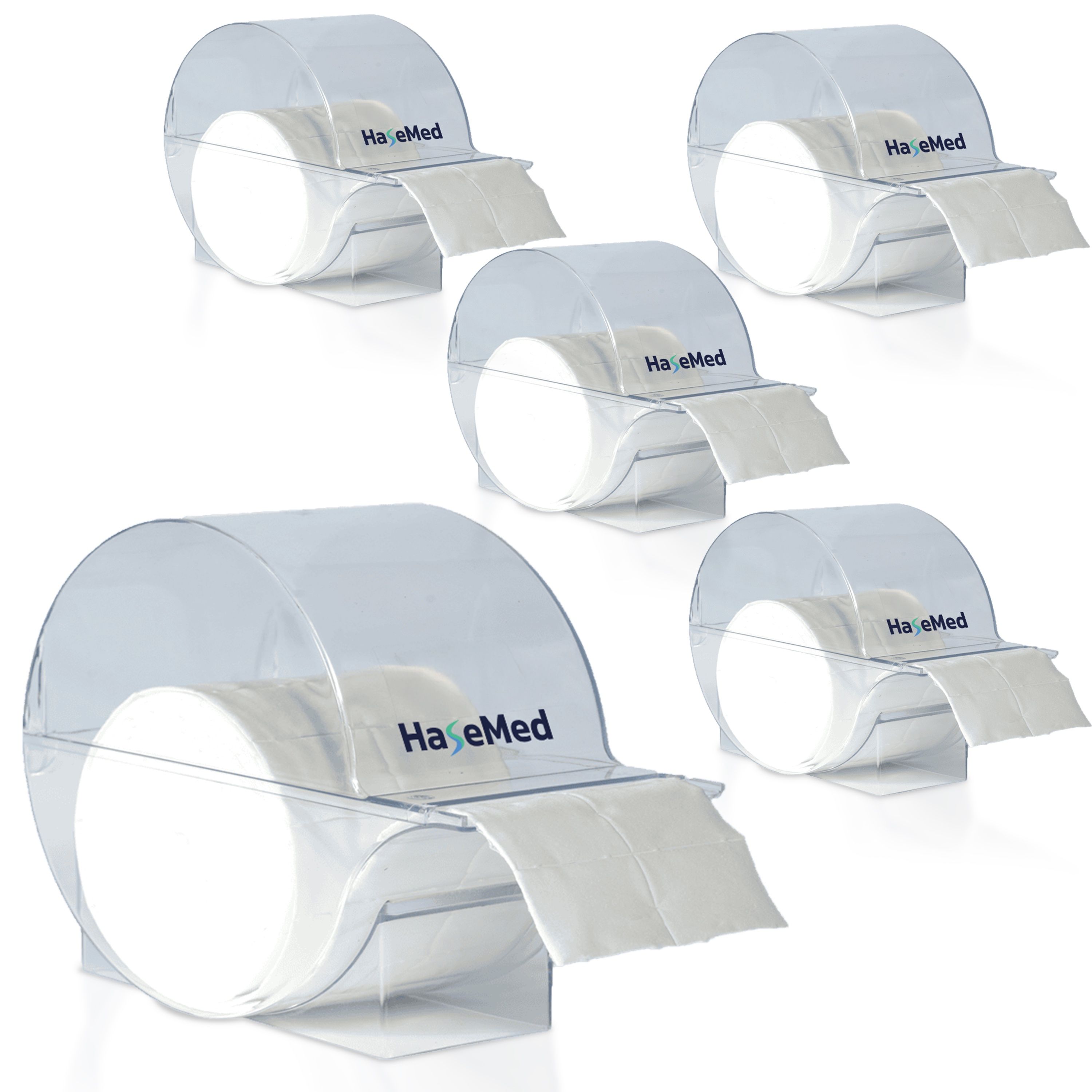 Fünf Zellstofftupferboxen. Jede Box hat eine transparente Abdeckung und das Logo "HaseMed". Zellstofftupfer sind sichtbar.