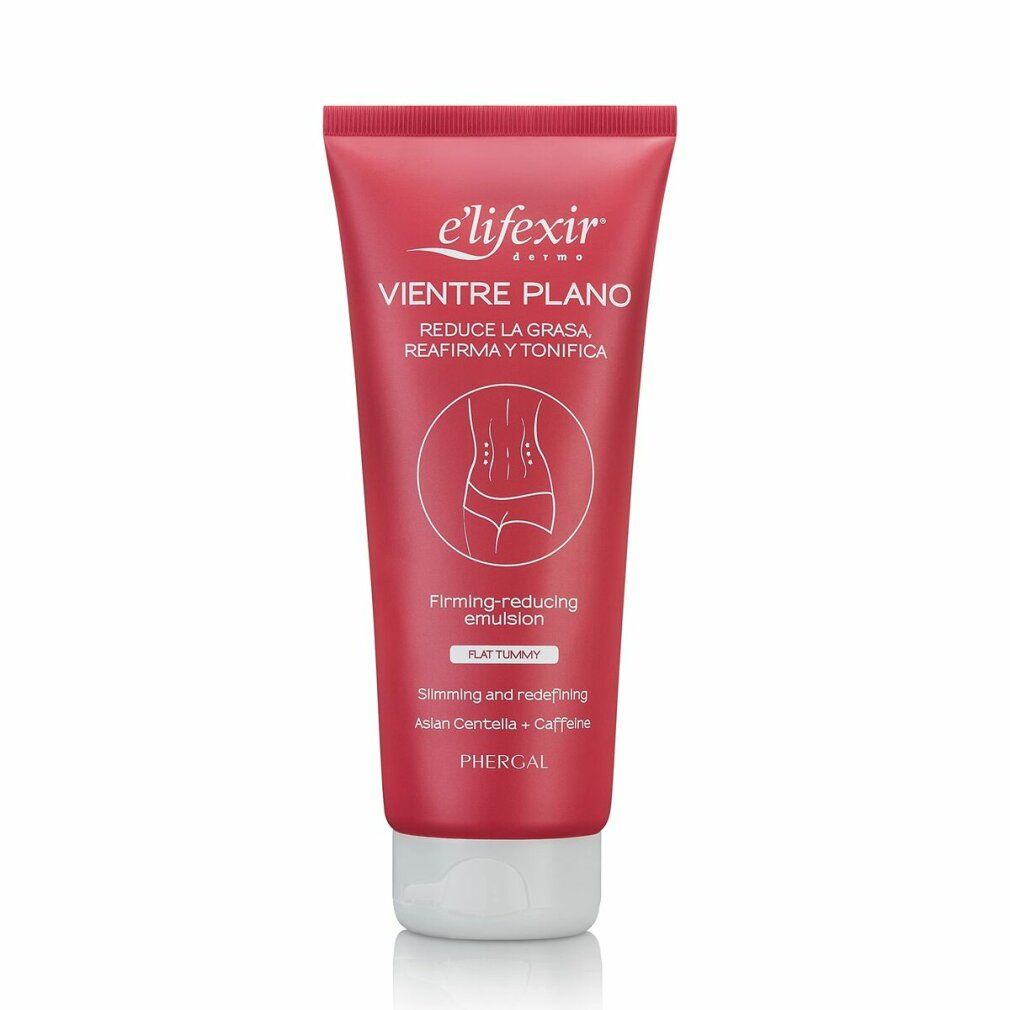 Rote Tube Elifexir Vientre Plano. Text: Reduziert Fett, strafft, tonisiert. Emulsion. Flacher Bauch.