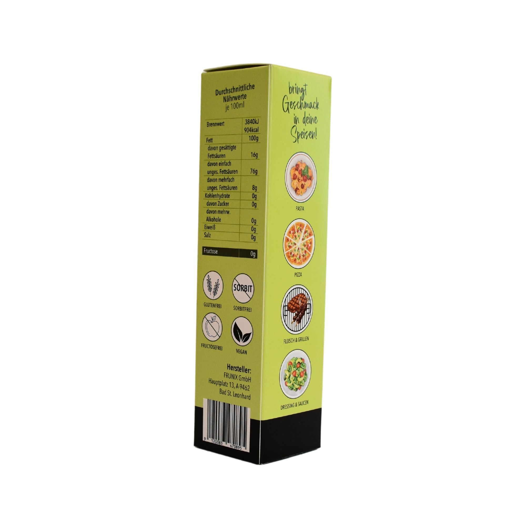 Produktverpackung mit Nährwertangaben und Zertifizierungen. Text: Bringt Geschmack in deine Speisen. Abbildungen von Gerichten.