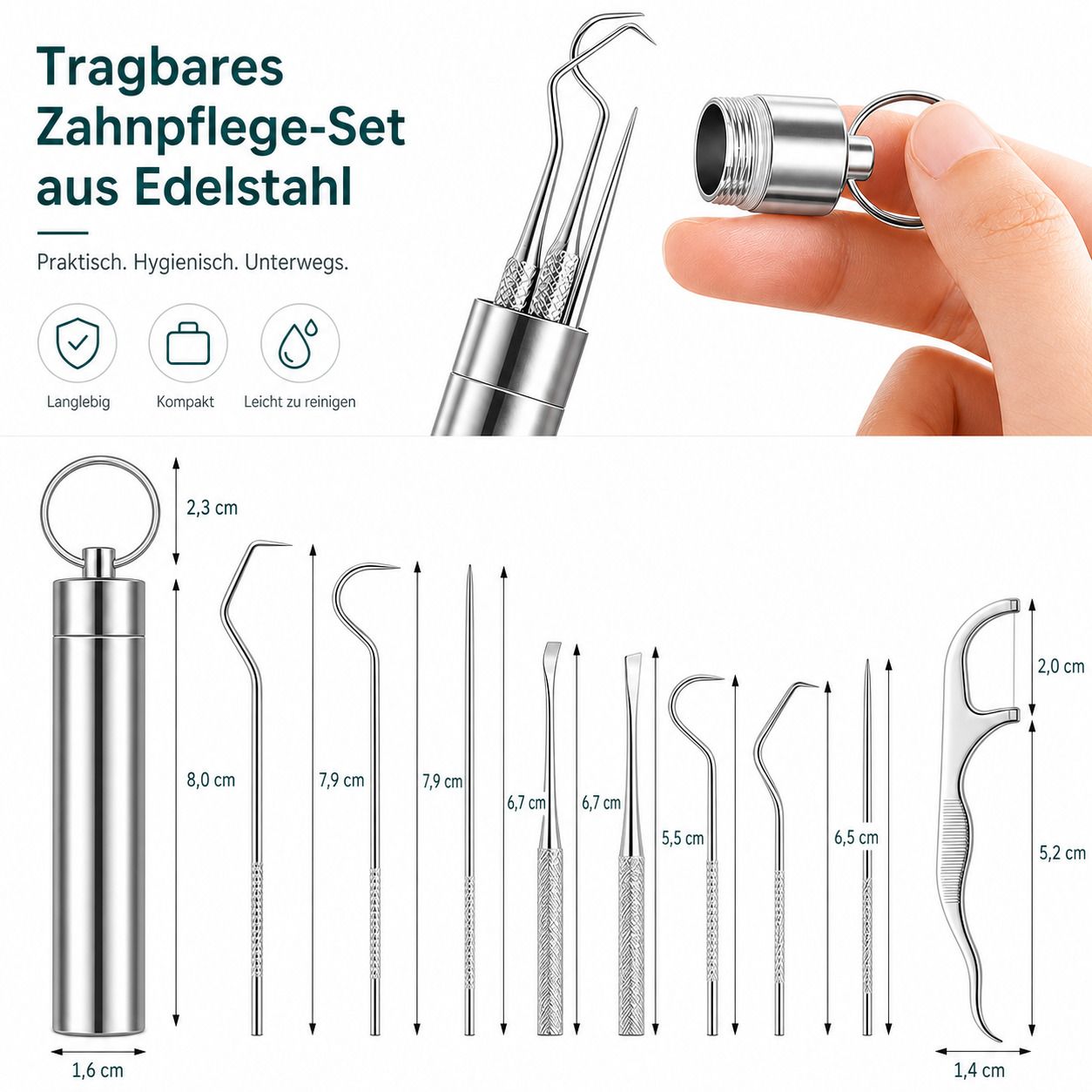 Tragbares Zahnflege-Set aus Edelstahl. 9-teiliges Set mit Zahnstochern, Zahnseide und Aufbewahrungsbehälter. Abmessungen sind angegeben.