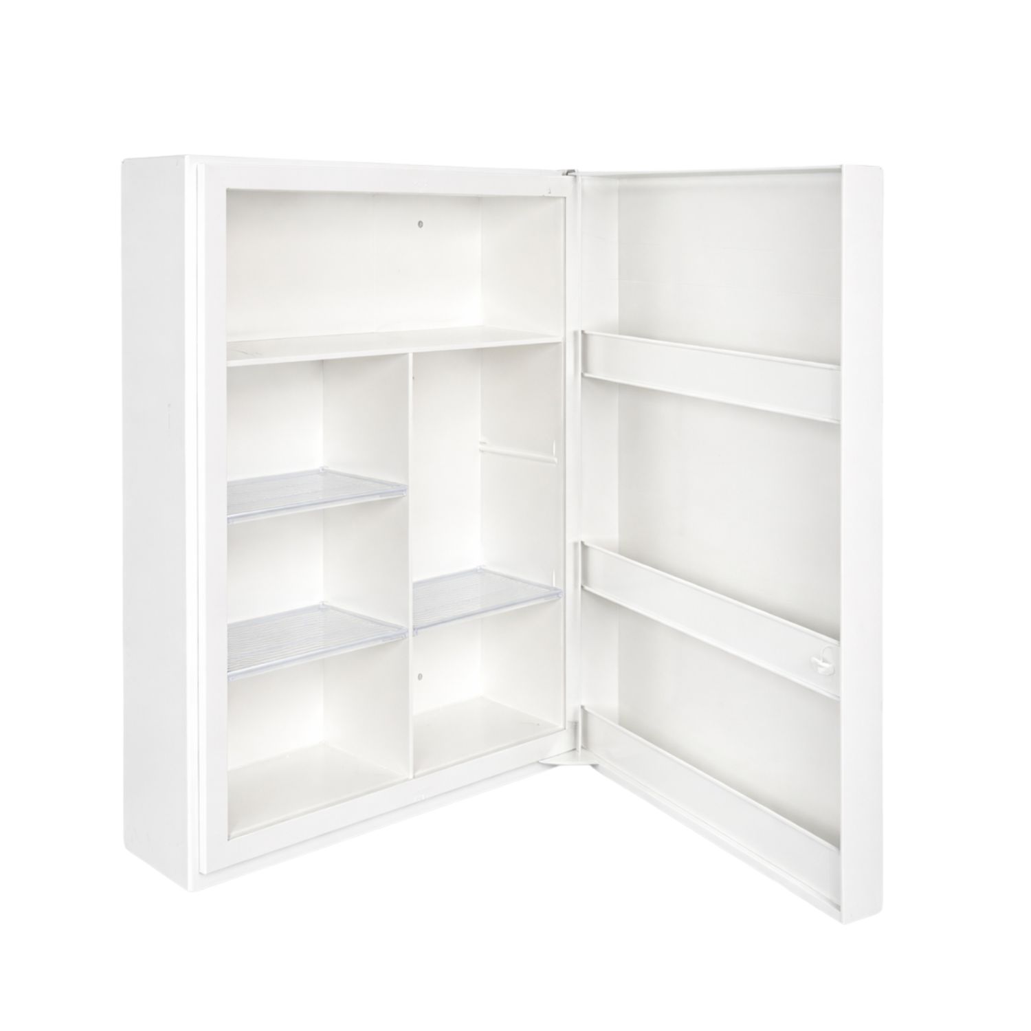 Offener weißer Verbandschrank mit Fächern und Halterungen. Innen leer, zur Aufnahme von Verbandsmaterial.