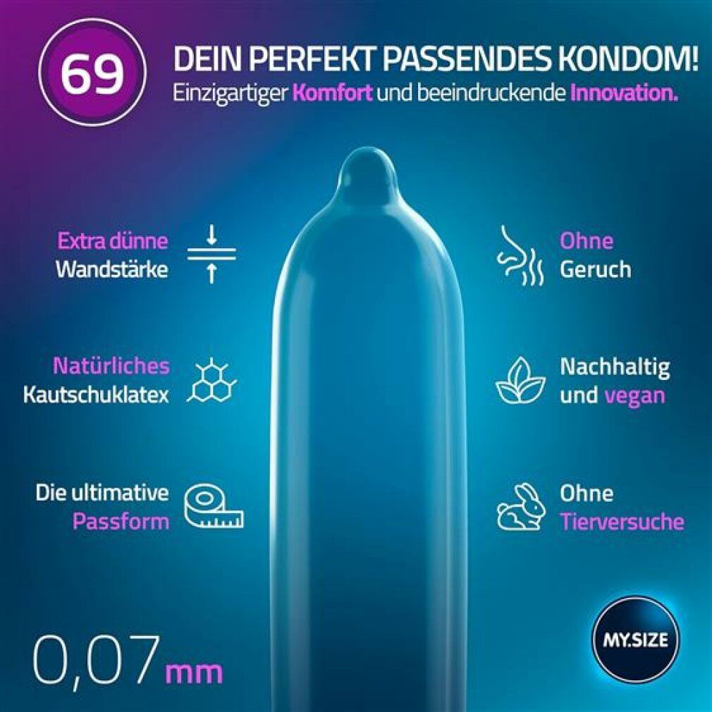 Blauer Kondom. Aufschrift 69. Informationen: extra dünn, ohne Geruch, vegan, ohne Tierversuche.