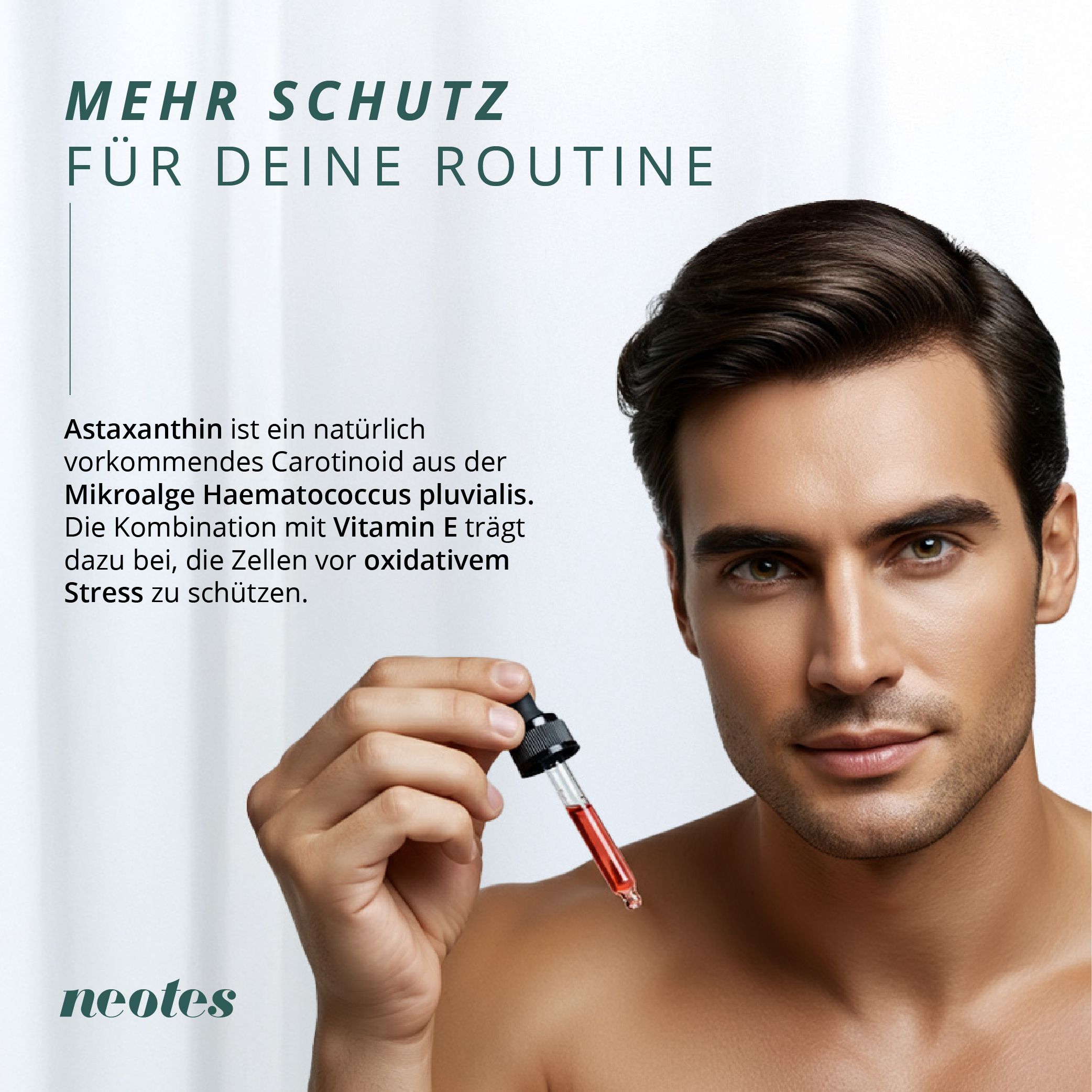 Mann hält Pipette mit roter Flüssigkeit. Text: "Mehr Schutz für deine Routine". Produktname und Informationen.