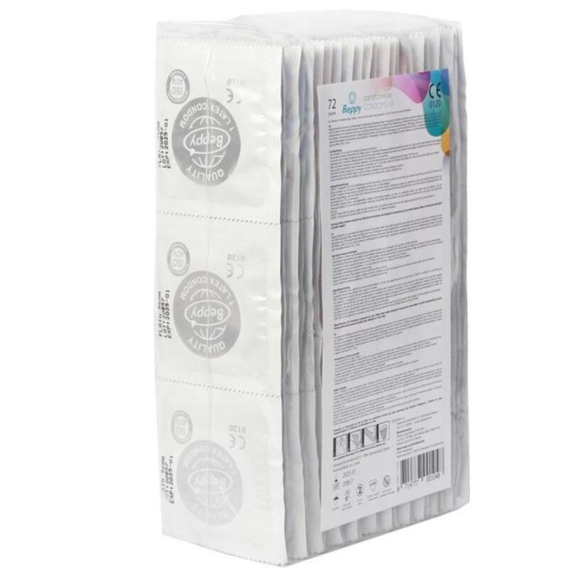 Verpackung mit 72 Kondomen. Einzeln verpackte Kondome in Folie. Aufdruck: Beppy, Latex Condom, CE-Kennzeichnung.