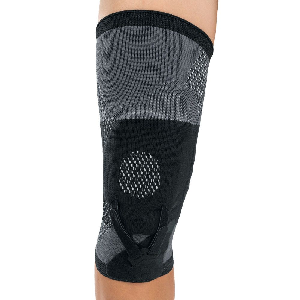 Kniebandage in Schwarz und Grau mit Patellapelotte und seitlichen Stabilisierungszonen.