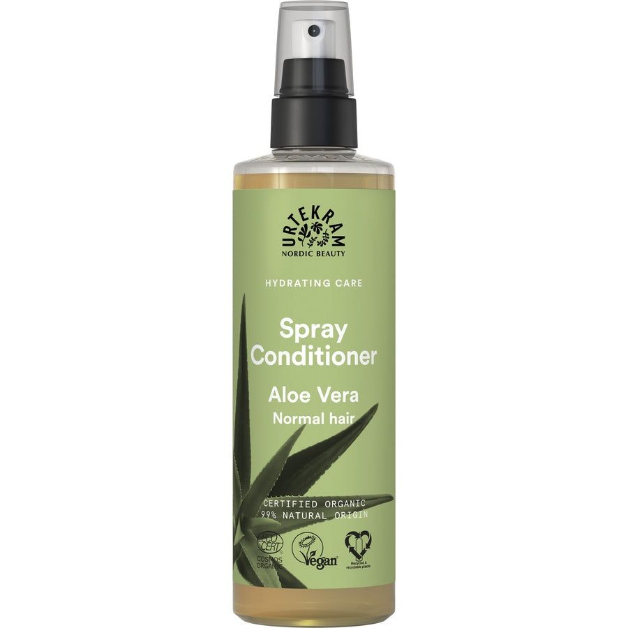 Sprühconditioner mit Aloe Vera für normales Haar. Grüne Etikettierung mit Logo und Zertifizierungen.
