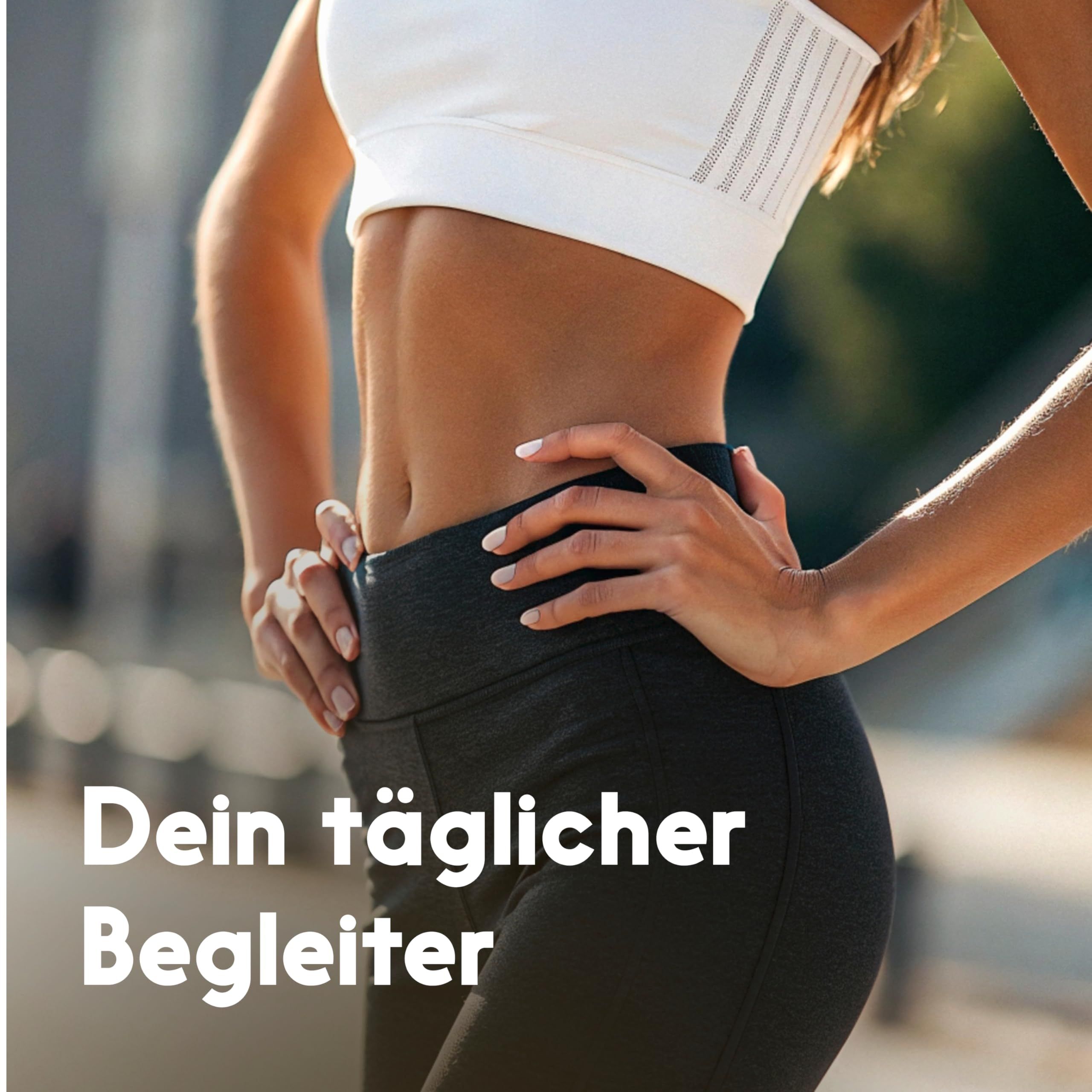 Frau in Sportkleidung, Hände auf den Hüften. Text: Dein täglicher Begleiter.