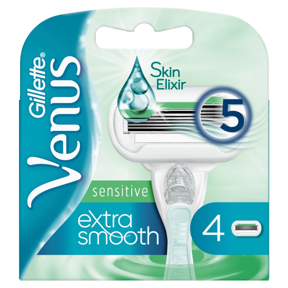 Gillette Venus Ersatzklingen-Packung. Enthält Rasierer mit 5 Klingen, Skin Elixir und die Aufschrift "Extra Smooth Sensitive".